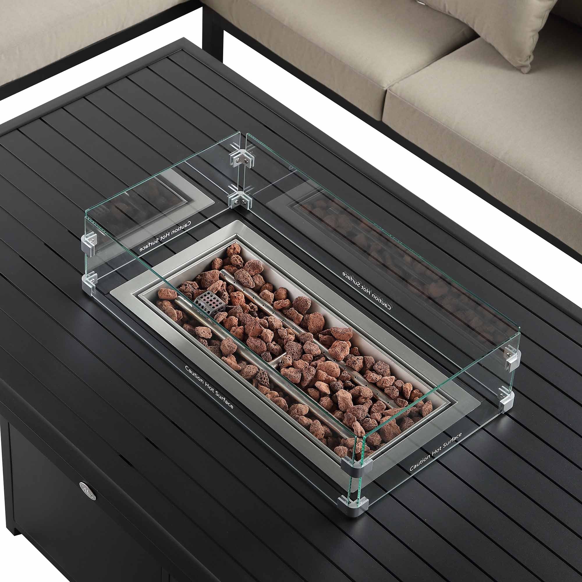 Calabasas Large Outdoor Fabric and Aluminium Corner Casual Dining Set with Firepit Table, Taupe