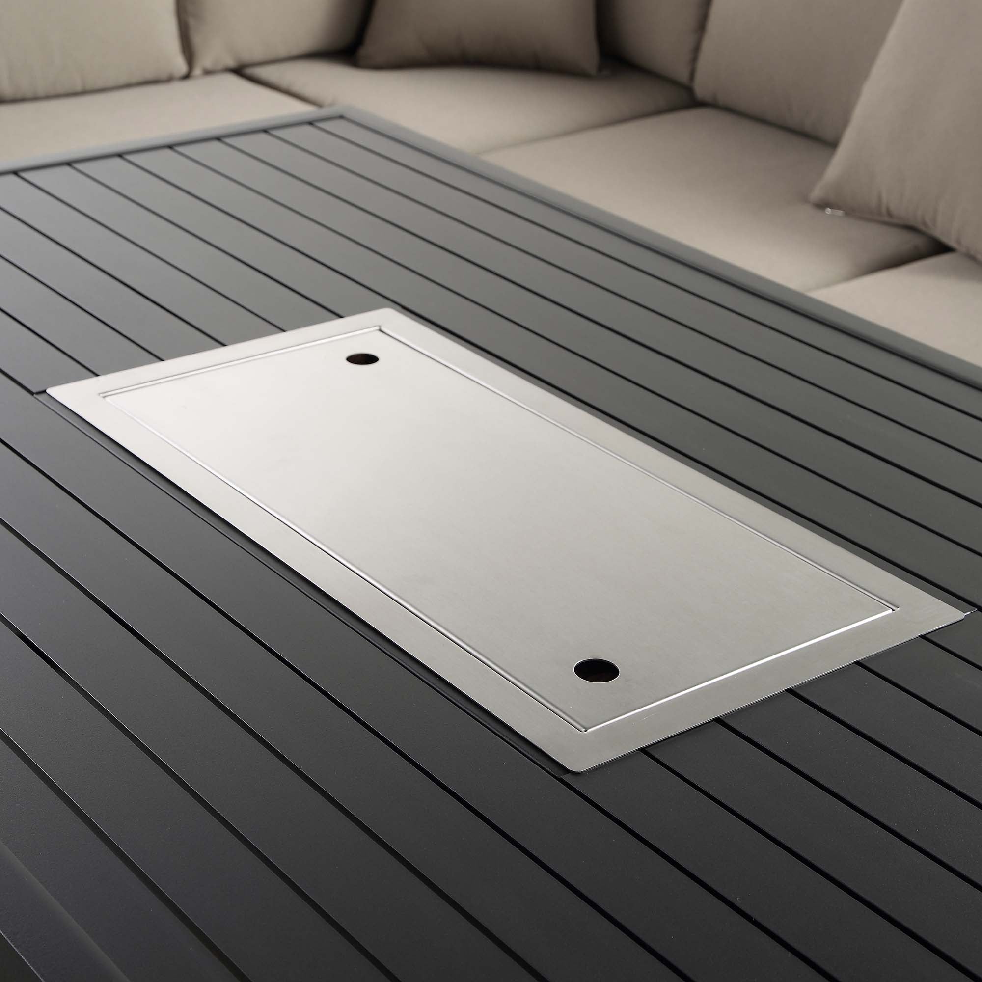 Calabasas Large Outdoor Fabric and Aluminium Corner Casual Dining Set with Firepit Table, Taupe