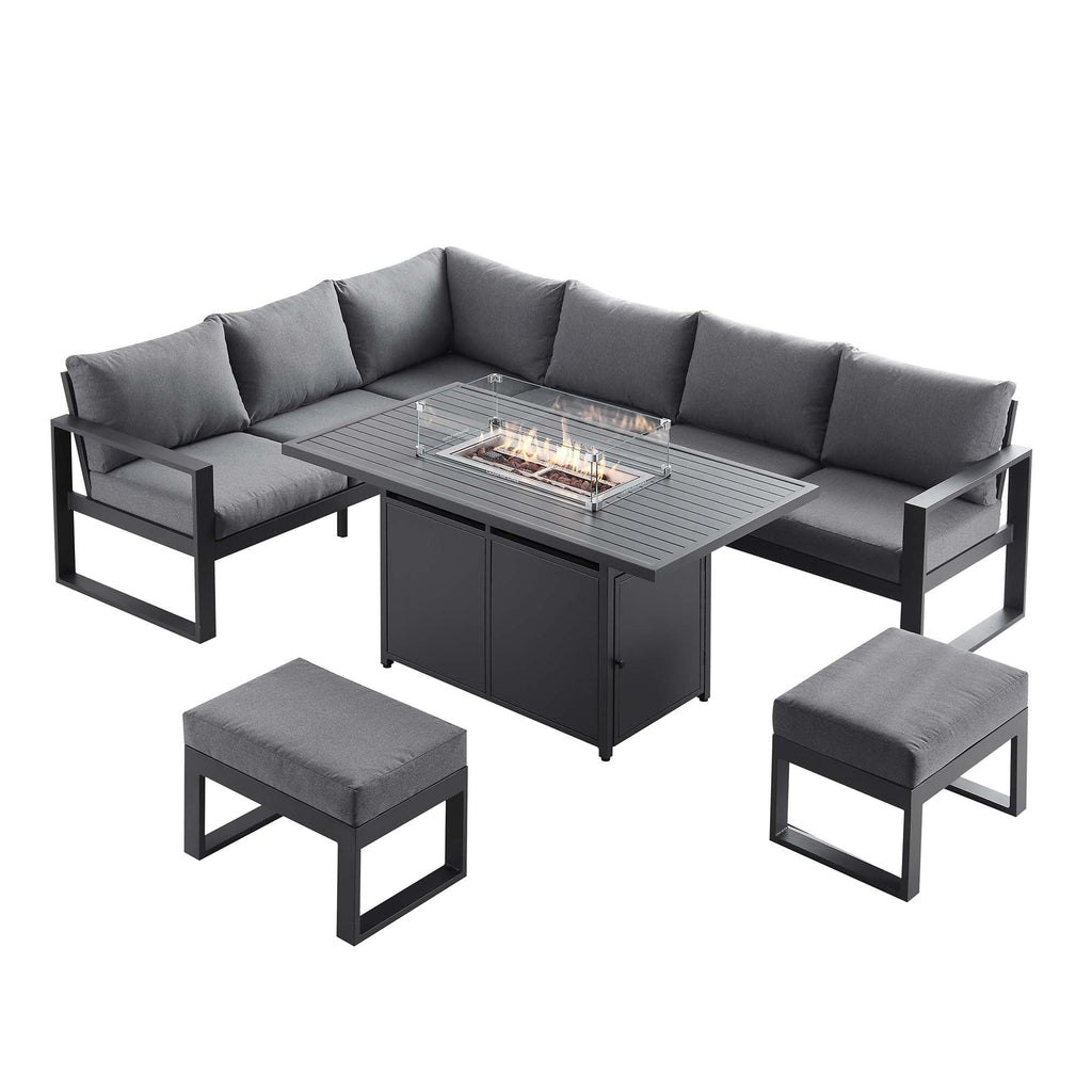 Albany Aluminium Large Corner Casual Dining Set with Firepit Table, Grey