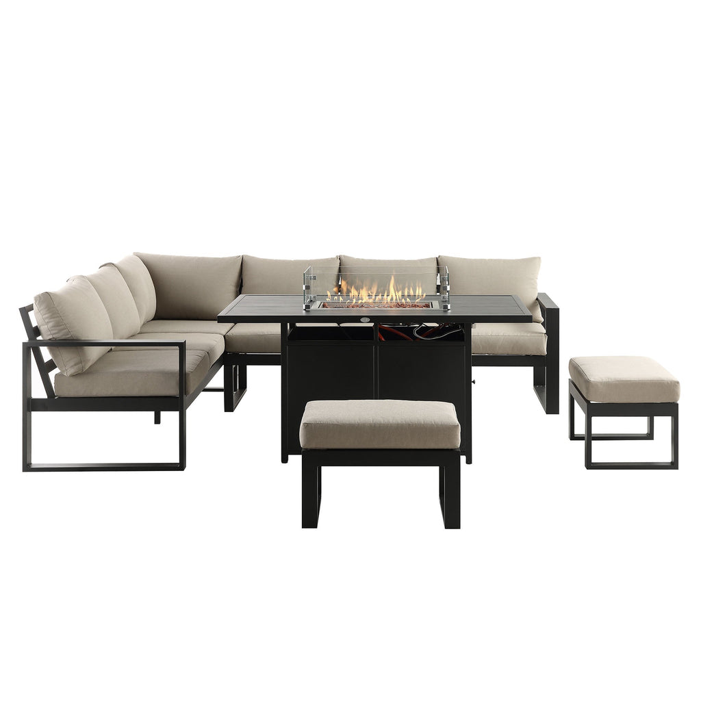 Albany Aluminium Large Corner Casual Dining Set with Firepit Table, Taupe