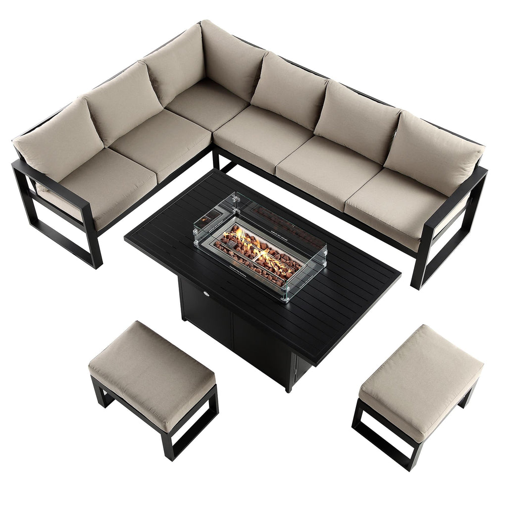 Albany Aluminium Large Corner Casual Dining Set with Firepit Table, Taupe