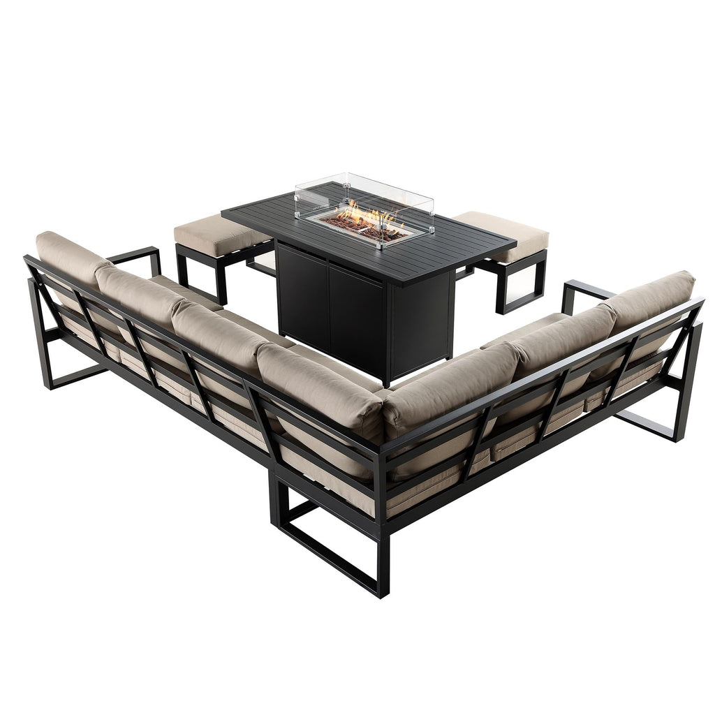 Albany Aluminium Large Corner Casual Dining Set with Firepit Table, Taupe