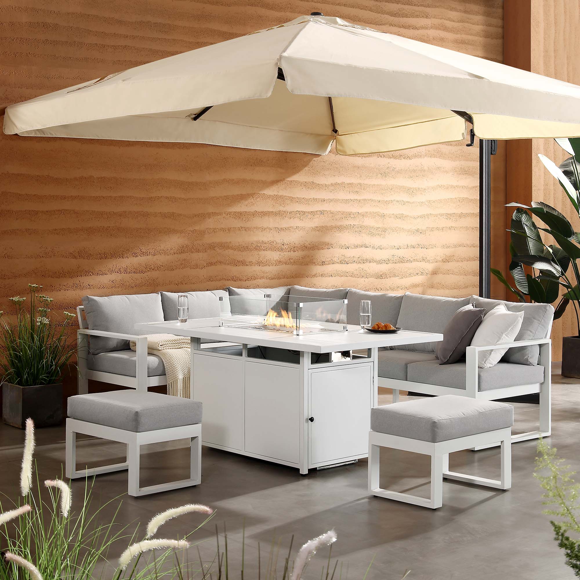 Albany Aluminium Large Corner Casual Dining Set with Firepit Table, White