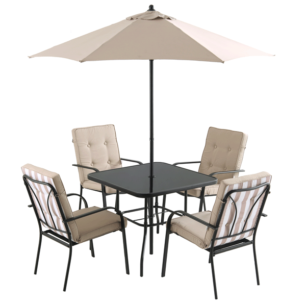 Champneys 4 Seater Steel and Fabric Outdoor Patio Dining Set with Parasol, Taupe