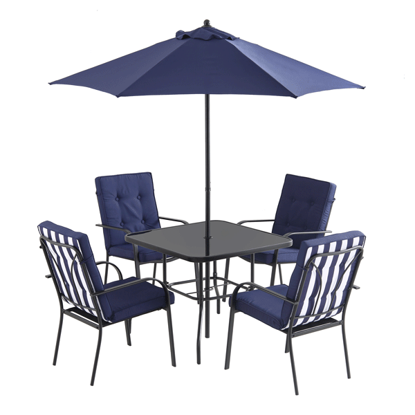 Champneys 4-Seater Steel and Fabric Outdoor Patio Dining Set with Parasol, Navy Blue