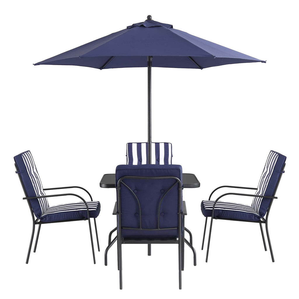 Champneys 4-Seater Steel and Fabric Outdoor Patio Dining Set with Parasol, Navy Blue