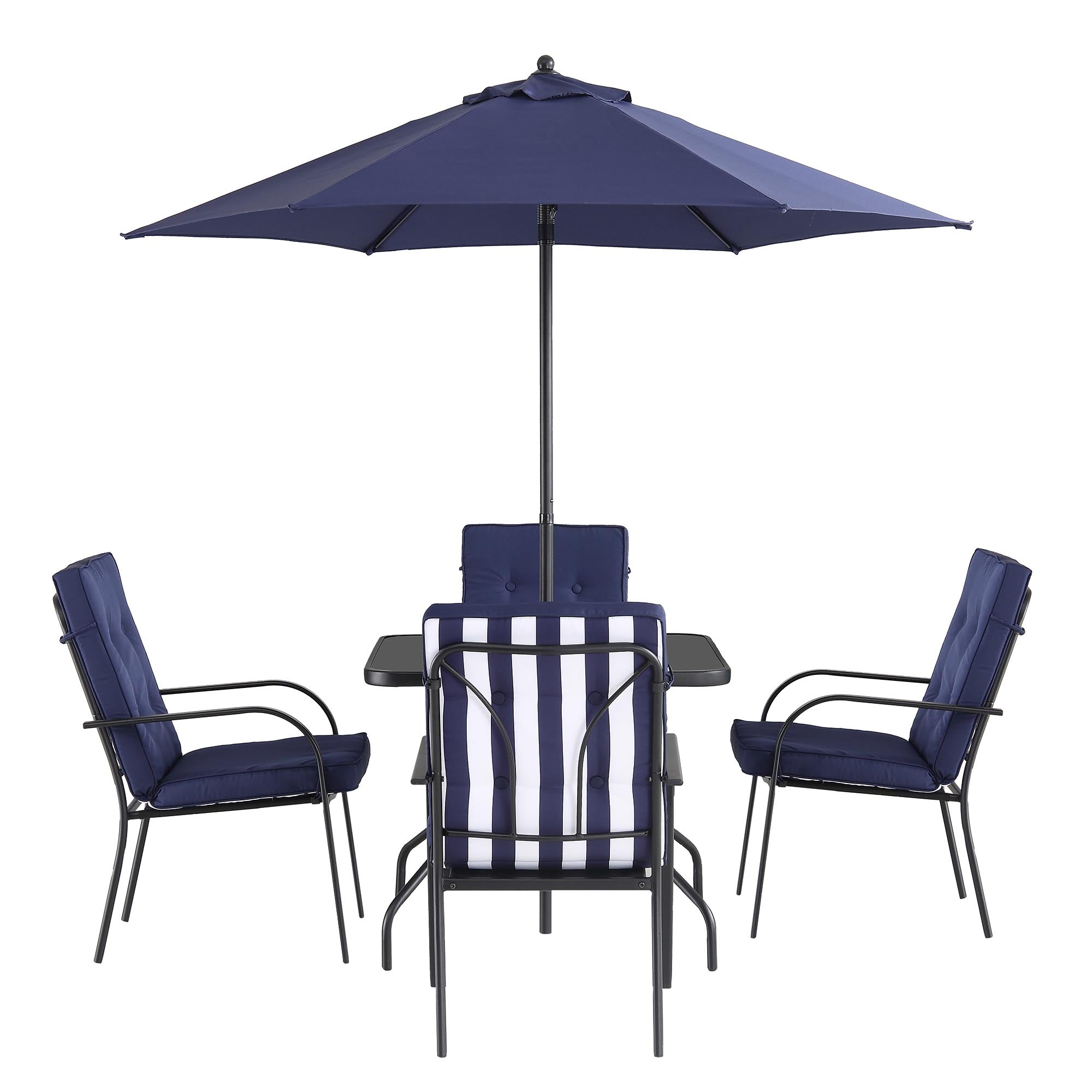 Champneys 4-Seater Steel and Fabric Outdoor Patio Dining Set with Parasol, Navy Blue