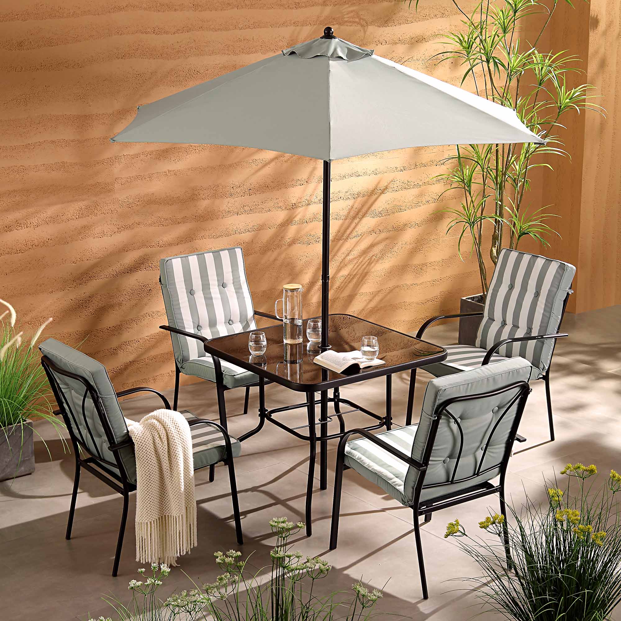 Champneys 4-Seater Steel and Fabric Outdoor Patio Dining Set with Parasol, Sage Green