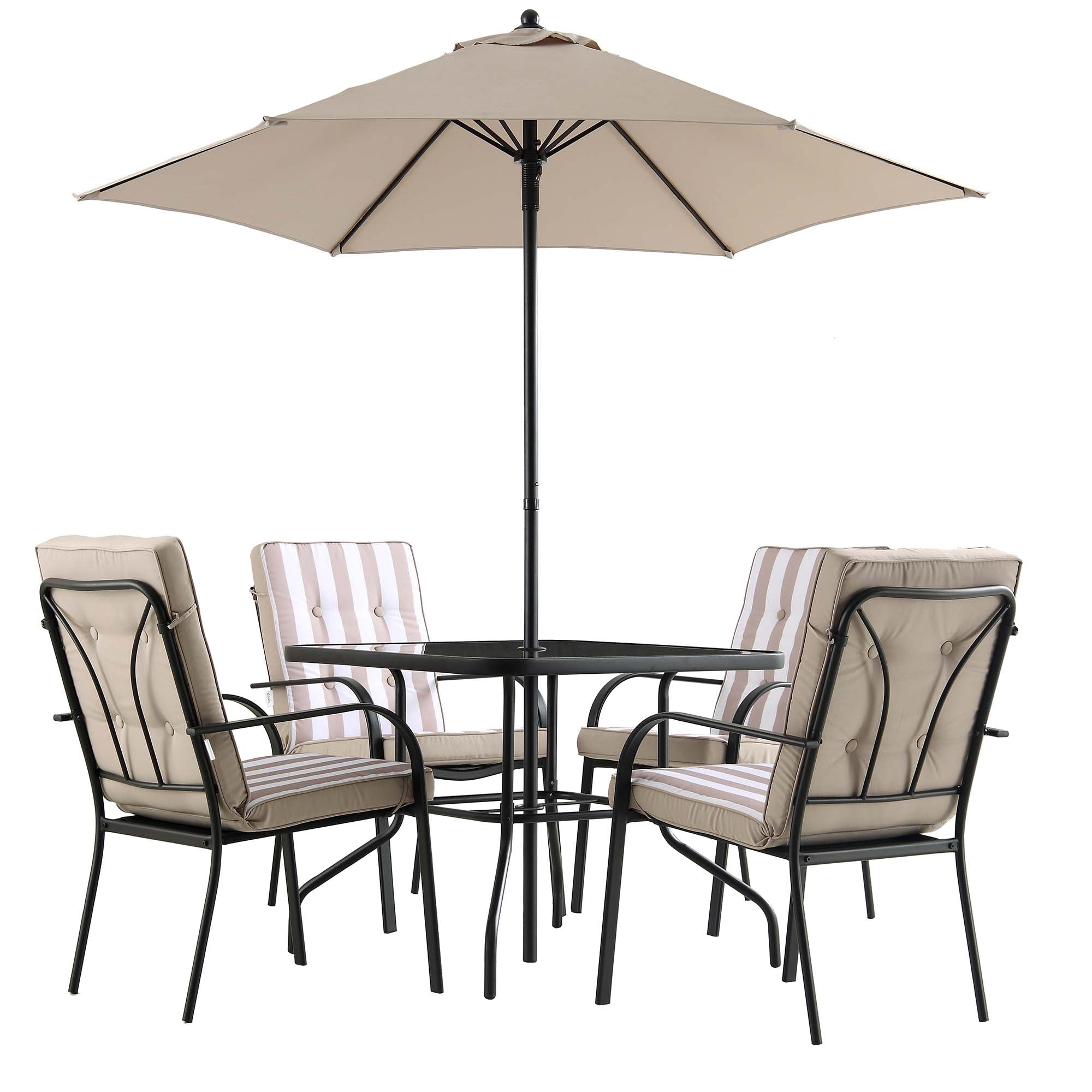 Champneys 4 Seater Steel and Fabric Outdoor Patio Dining Set with Parasol, Taupe