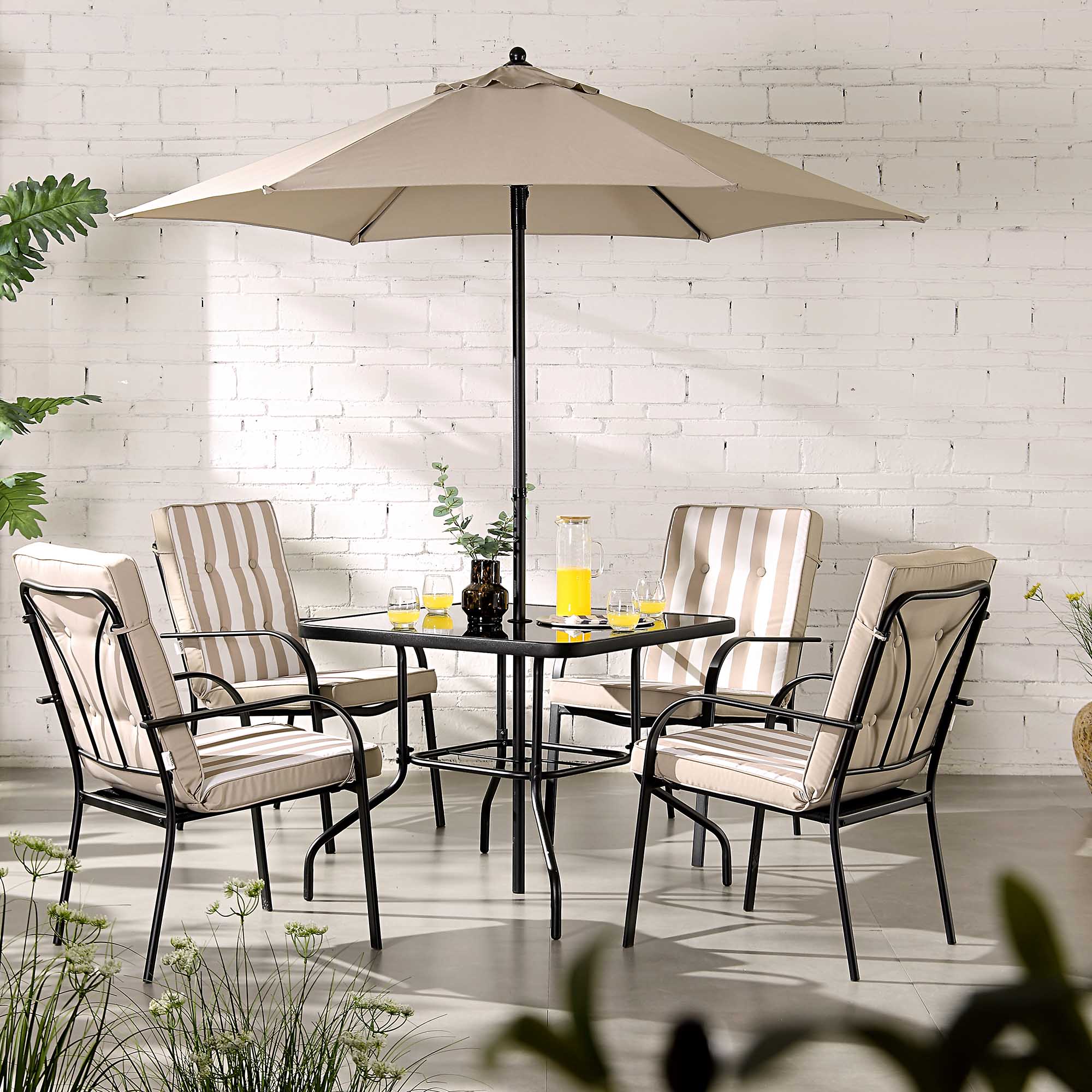 Champneys 4 Seater Steel and Fabric Outdoor Patio Dining Set with Parasol, Taupe