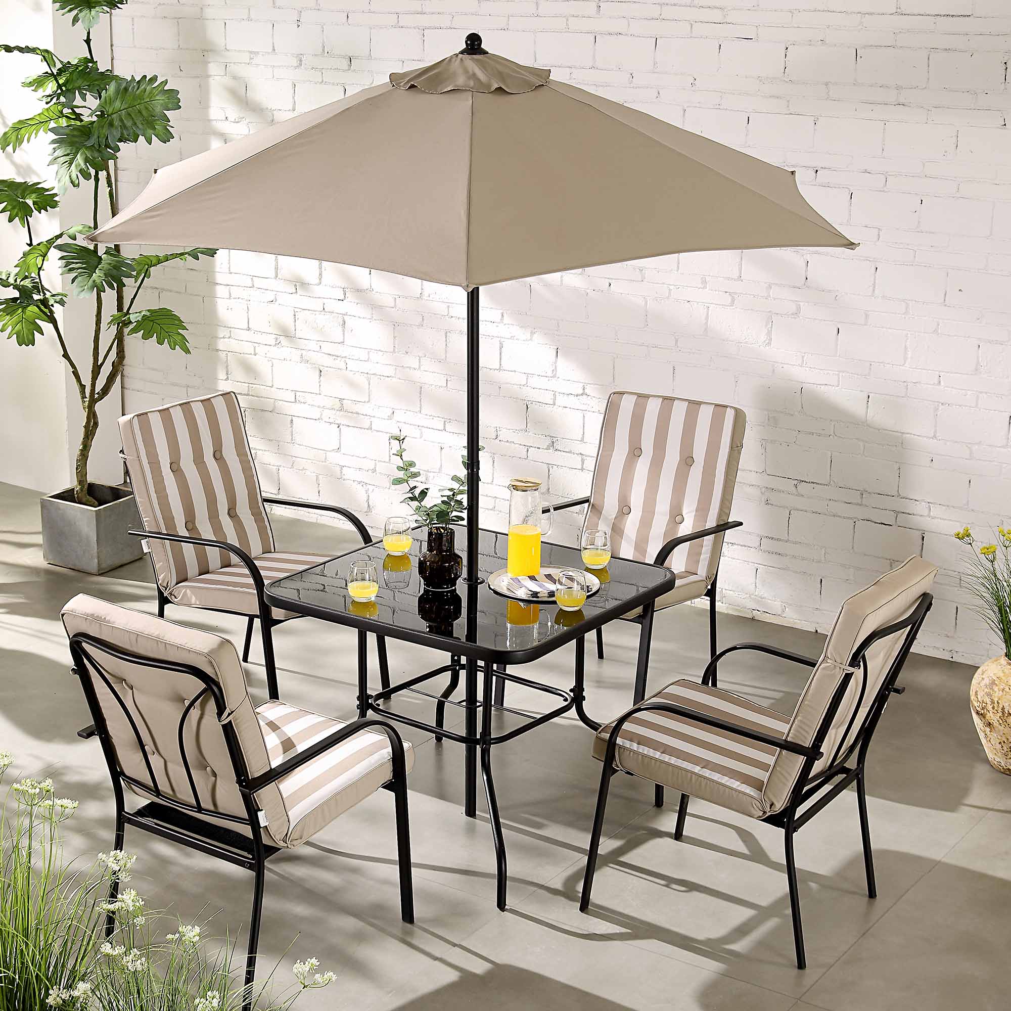 Champneys 4 Seater Steel and Fabric Outdoor Patio Dining Set with Parasol, Taupe