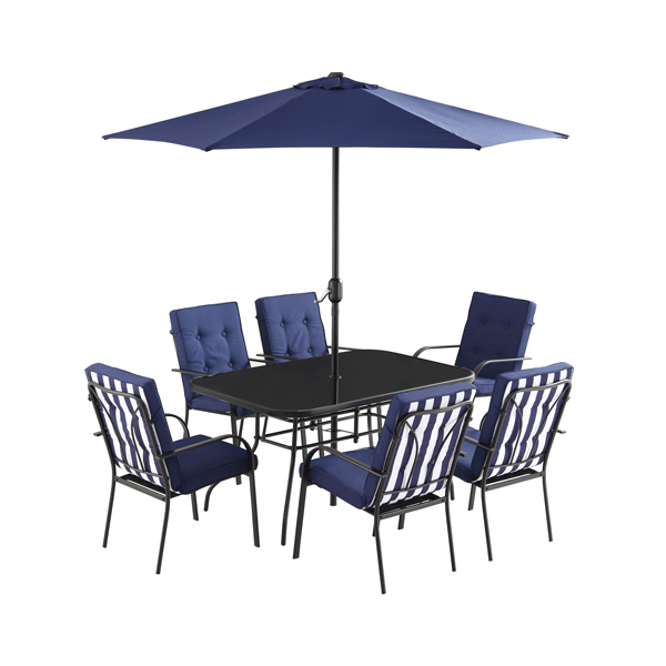 Champneys 6-Seater Steel and Fabric Outdoor Patio Dining Set with Crank Parasol, Blue