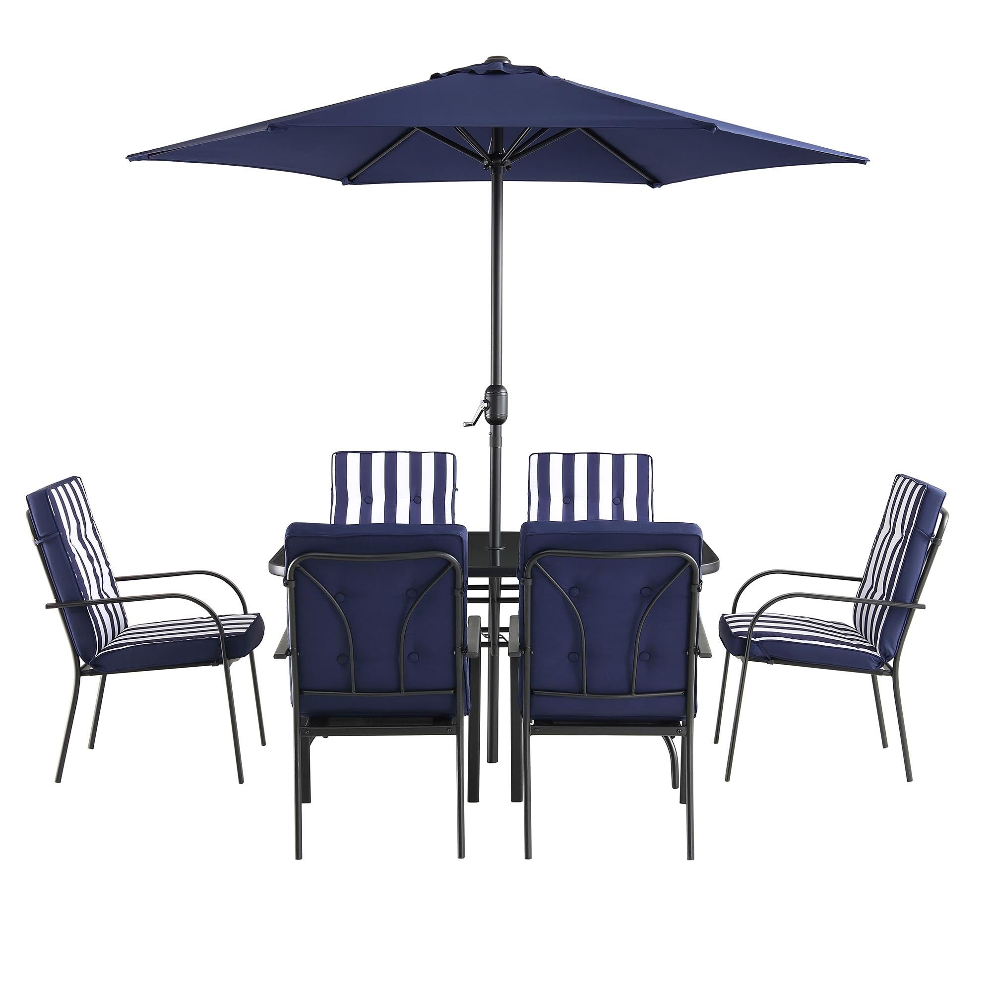 Champneys 6-Seater Steel and Fabric Outdoor Patio Dining Set with Crank Parasol, Blue