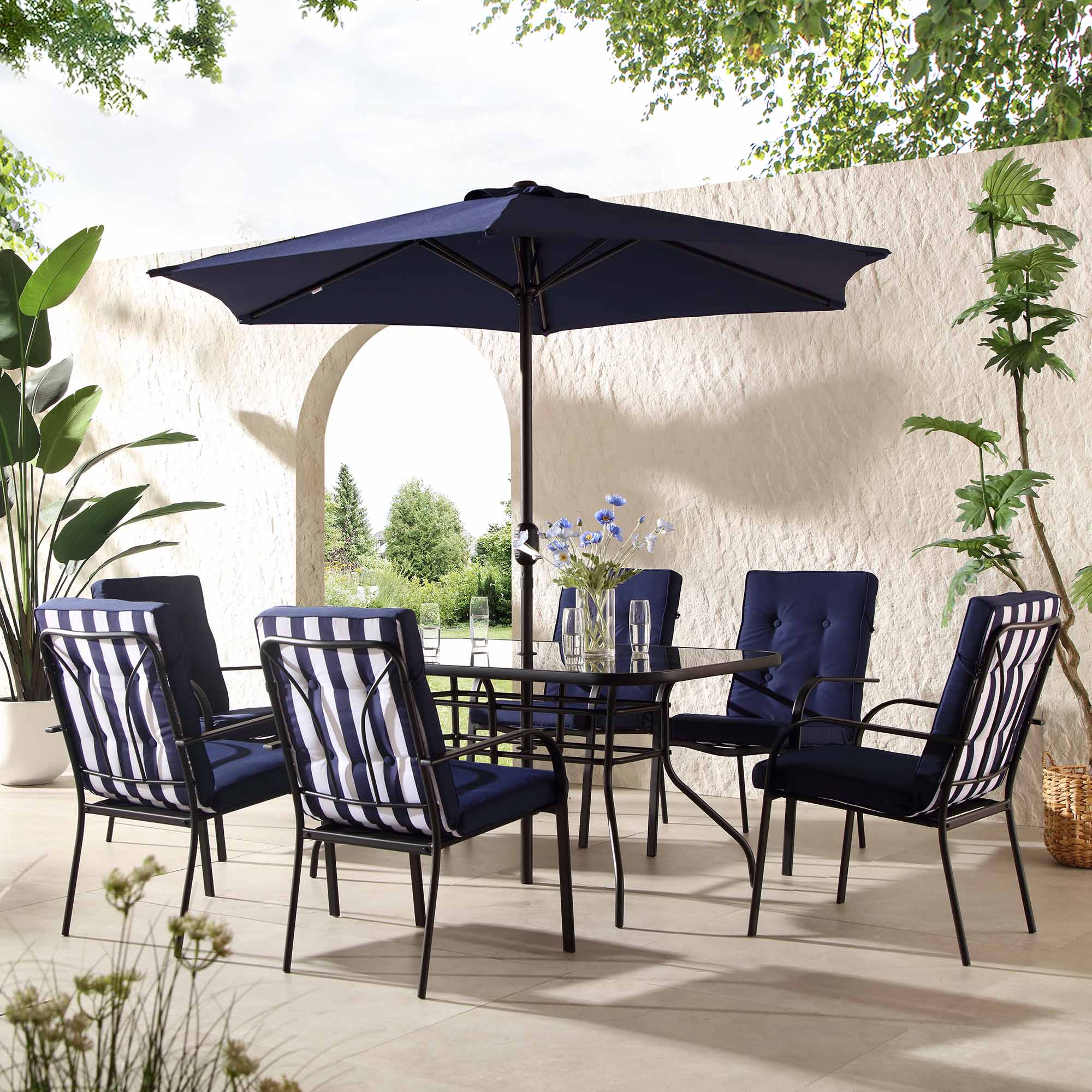 Champneys 6-Seater Steel and Fabric Outdoor Patio Dining Set with Crank Parasol, Blue