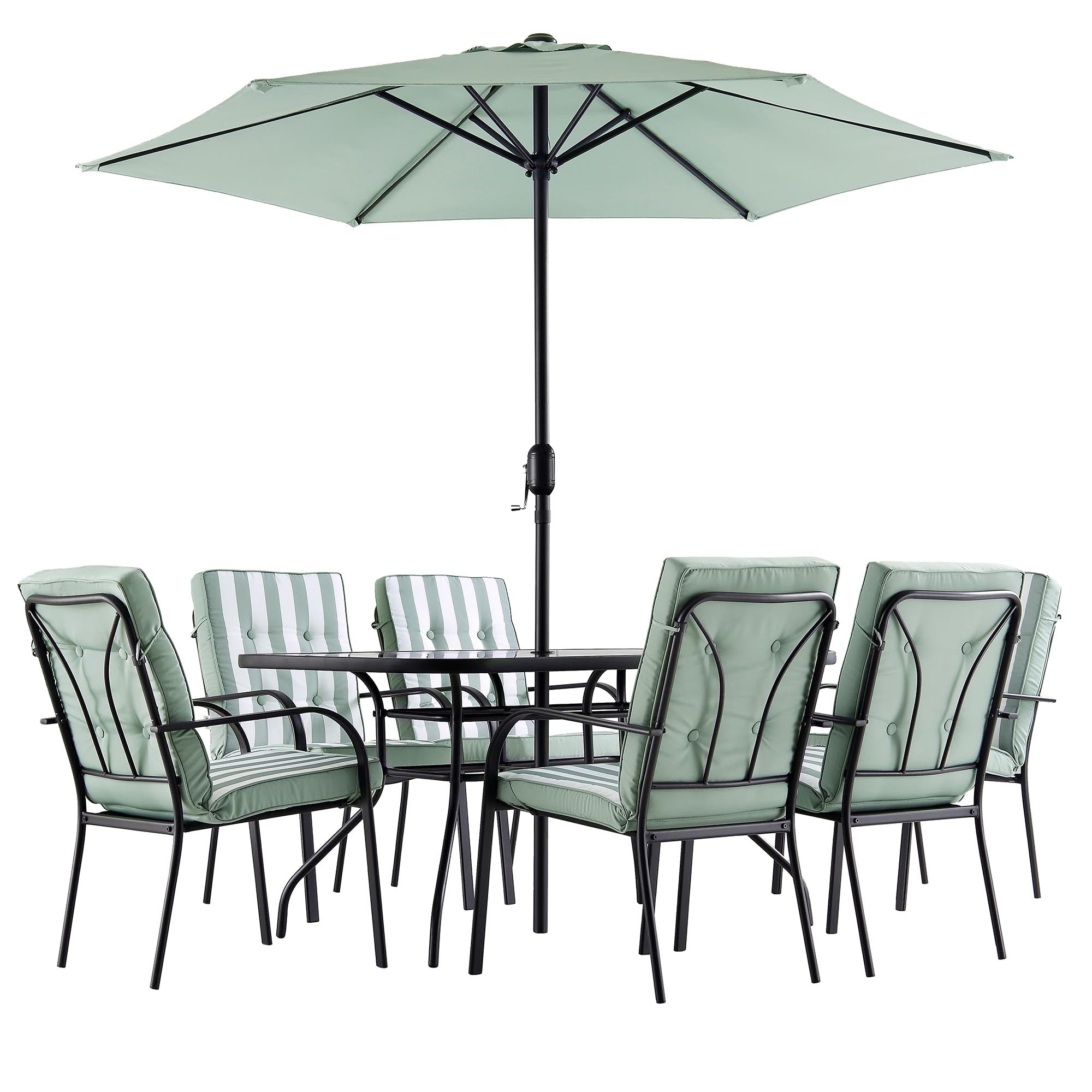 Champneys 6-Seater Steel and Fabric Outdoor Patio Dining Set with Crank Parasol, Sage Green