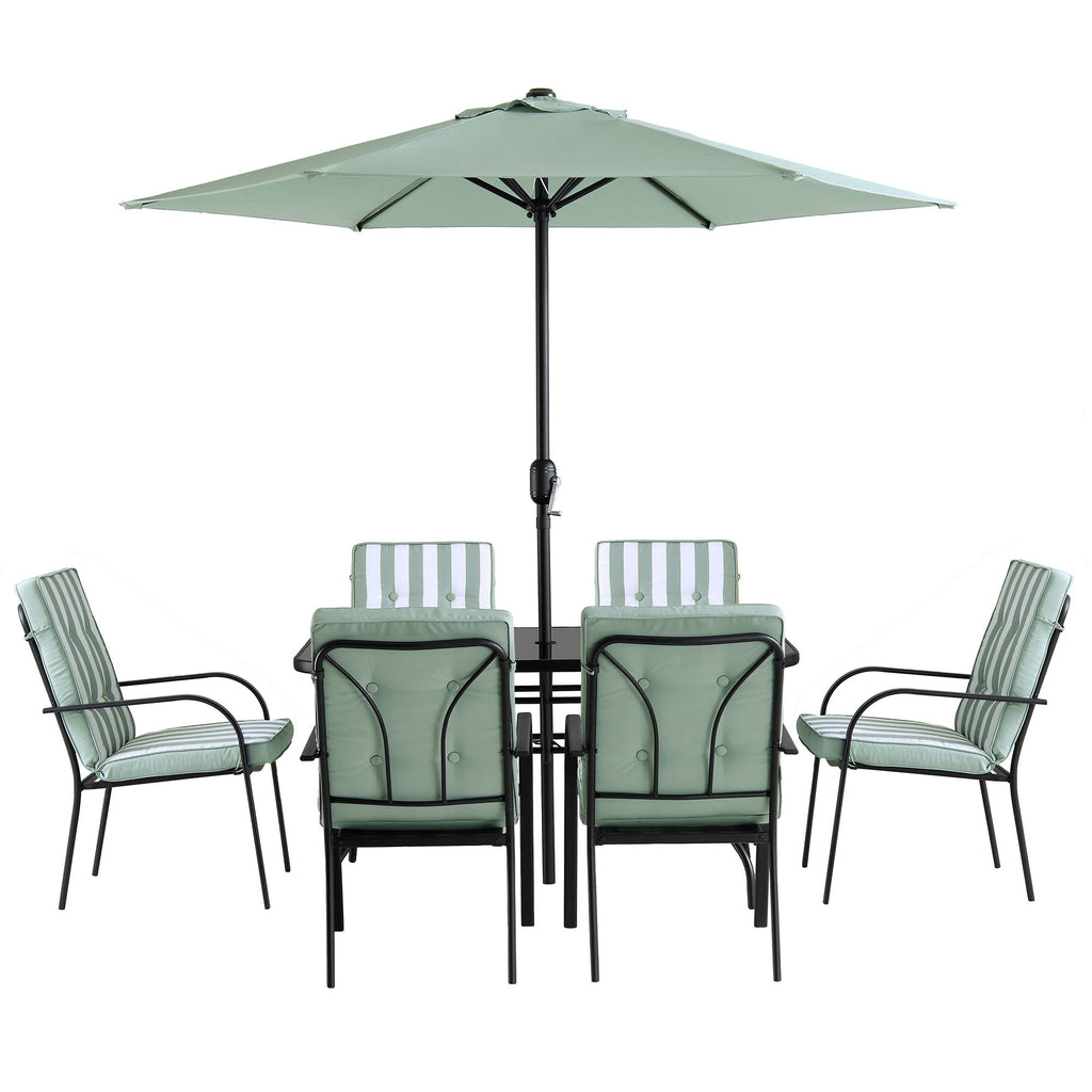 Champneys 6-Seater Steel and Fabric Outdoor Patio Dining Set with Crank Parasol, Sage Green