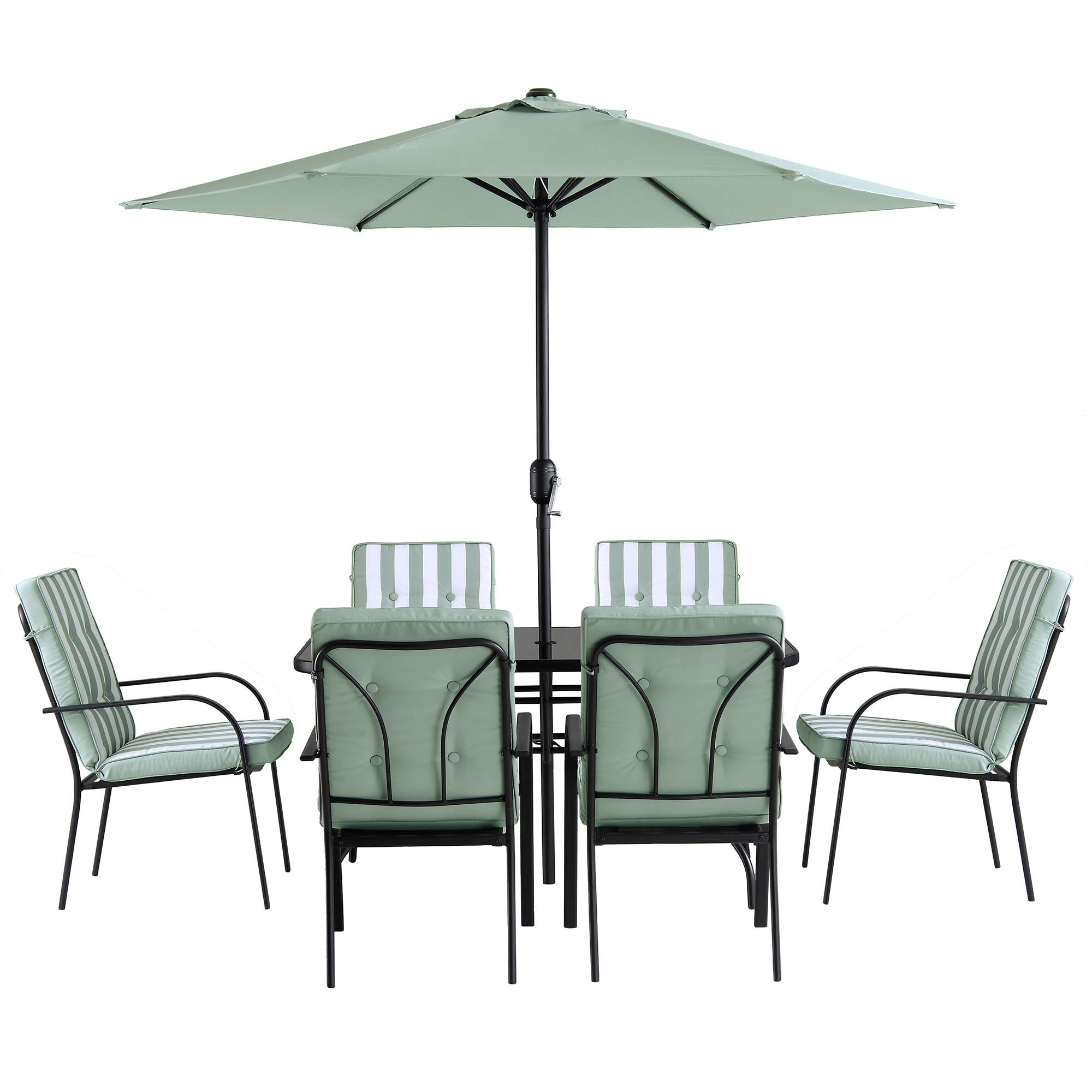 Champneys 6-Seater Steel and Fabric Outdoor Patio Dining Set with Crank Parasol, Sage Green