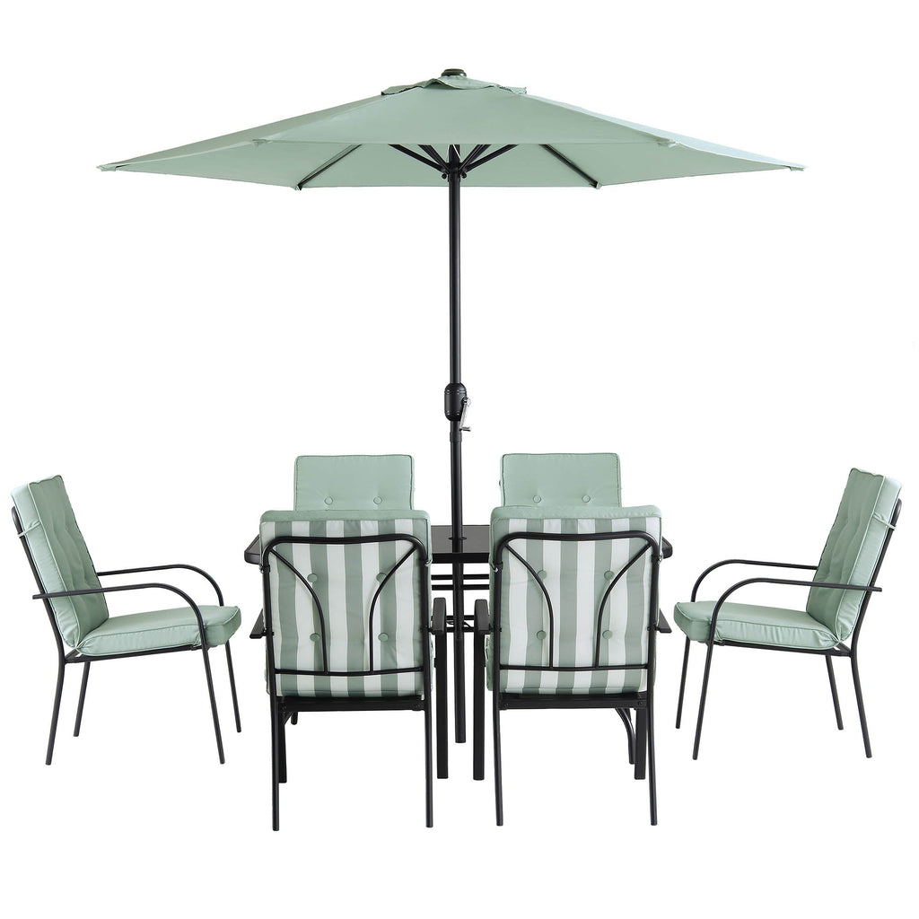 Champneys 6-Seater Steel and Fabric Outdoor Patio Dining Set with Crank Parasol, Sage Green