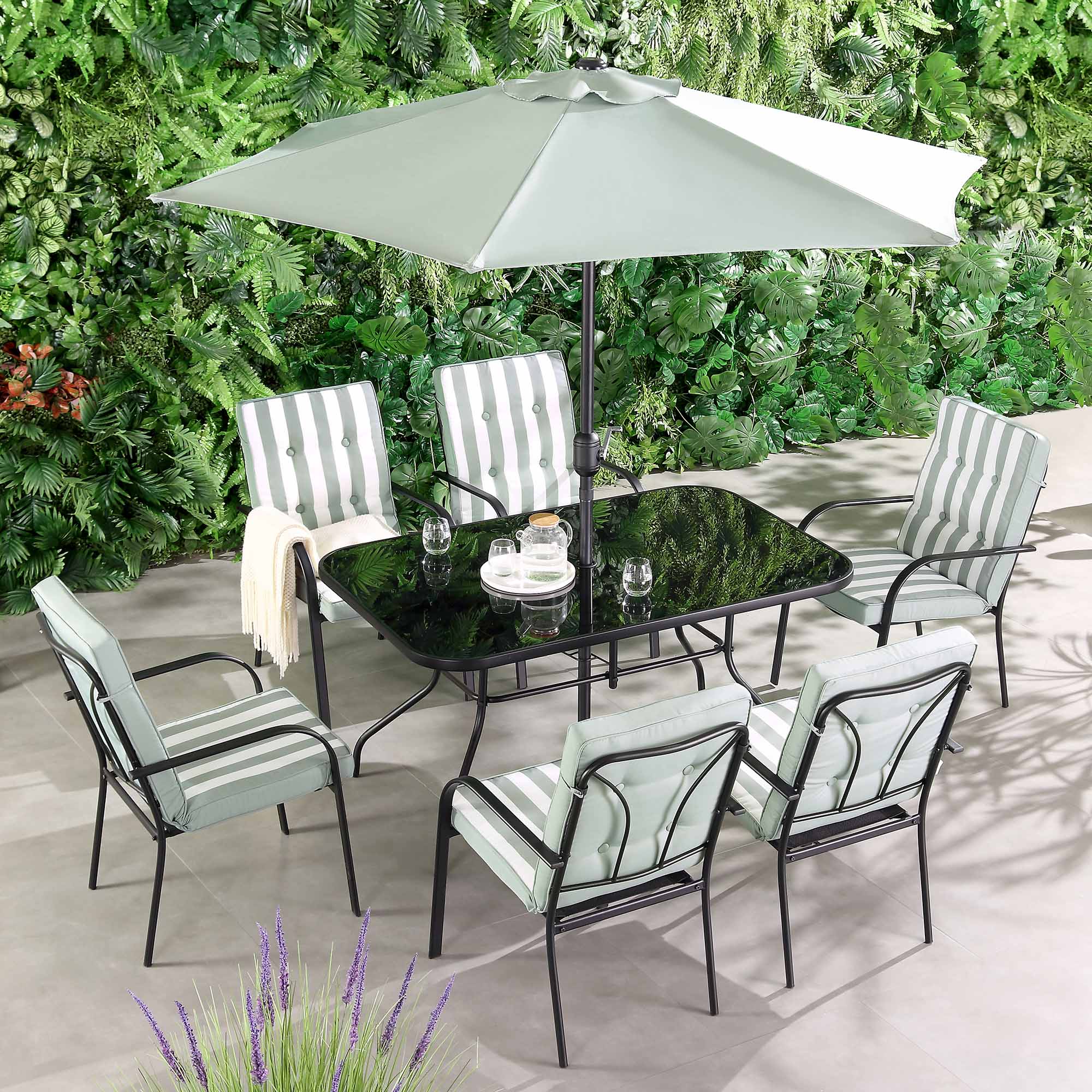 Champneys 6-Seater Steel and Fabric Outdoor Patio Dining Set with Crank Parasol, Sage Green