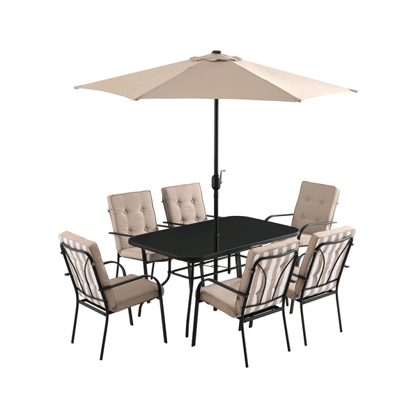 Champneys 6-Seater Steel and Fabric Outdoor Patio Dining Set with Crank Parasol, Taupe