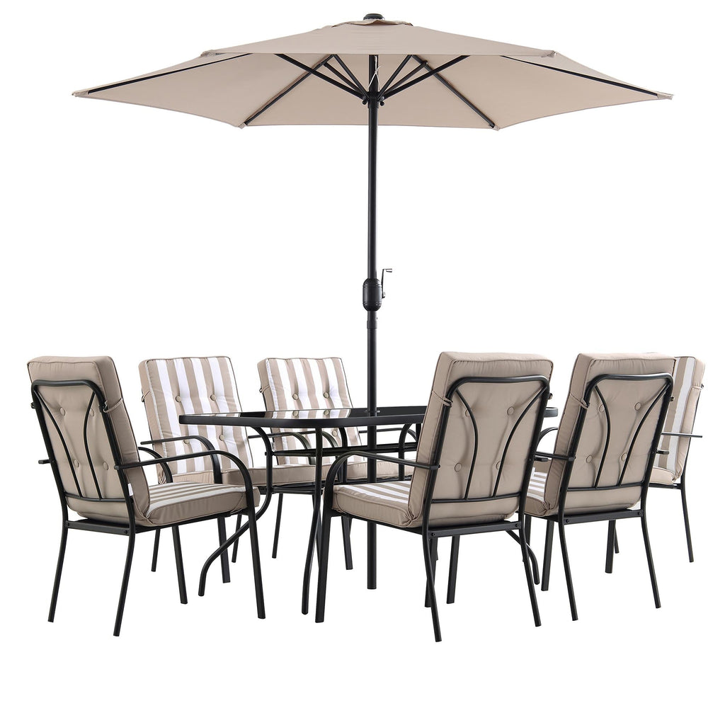 Champneys 6-Seater Steel and Fabric Outdoor Patio Dining Set with Crank Parasol, Taupe