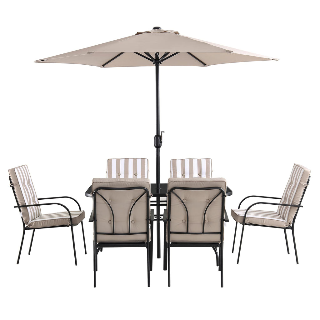 Champneys 6-Seater Steel and Fabric Outdoor Patio Dining Set with Crank Parasol, Taupe
