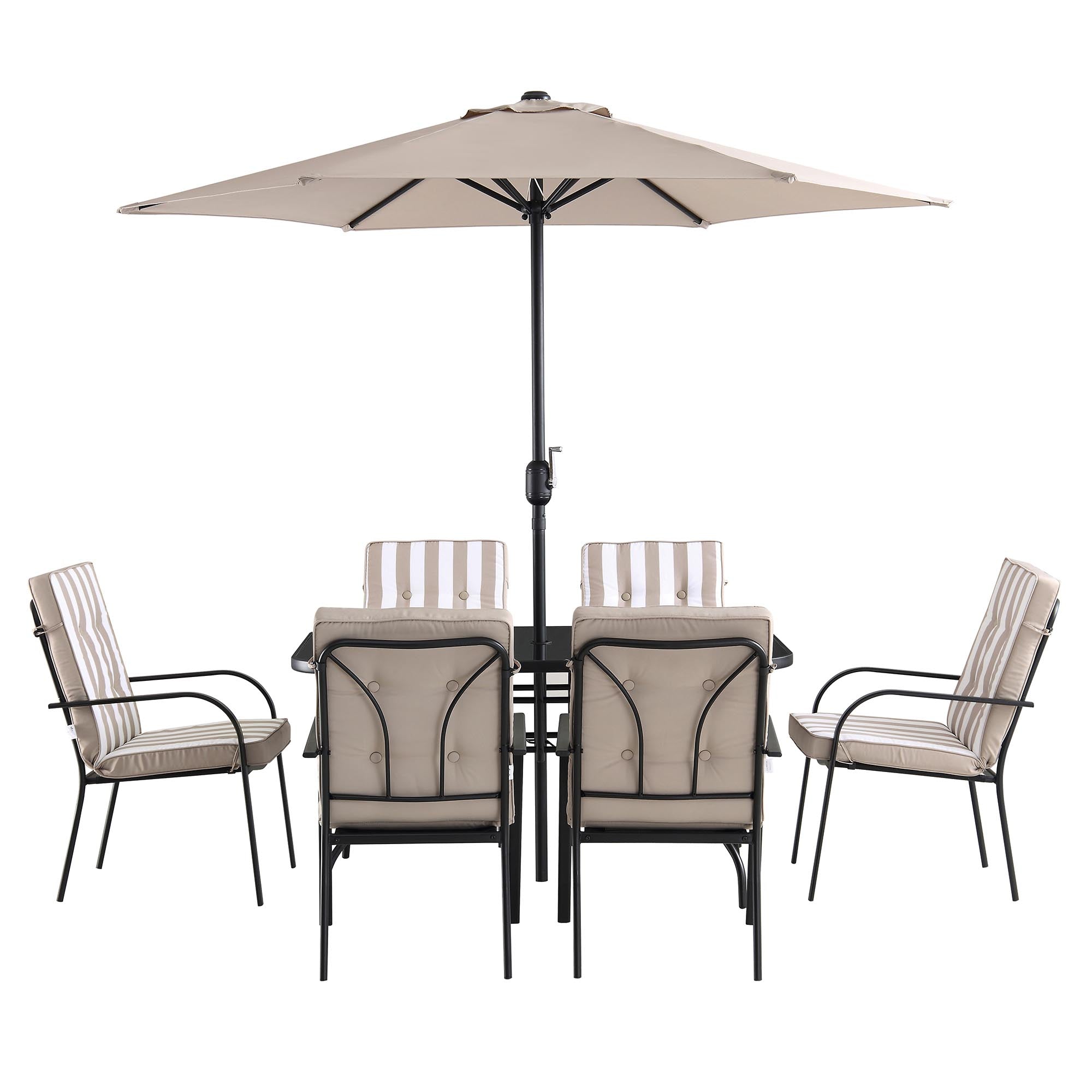Champneys 6-Seater Steel and Fabric Outdoor Patio Dining Set with Crank Parasol, Taupe