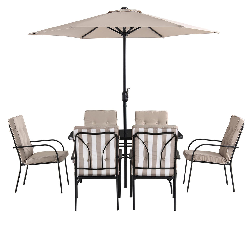 Champneys 6-Seater Steel and Fabric Outdoor Patio Dining Set with Crank Parasol, Taupe
