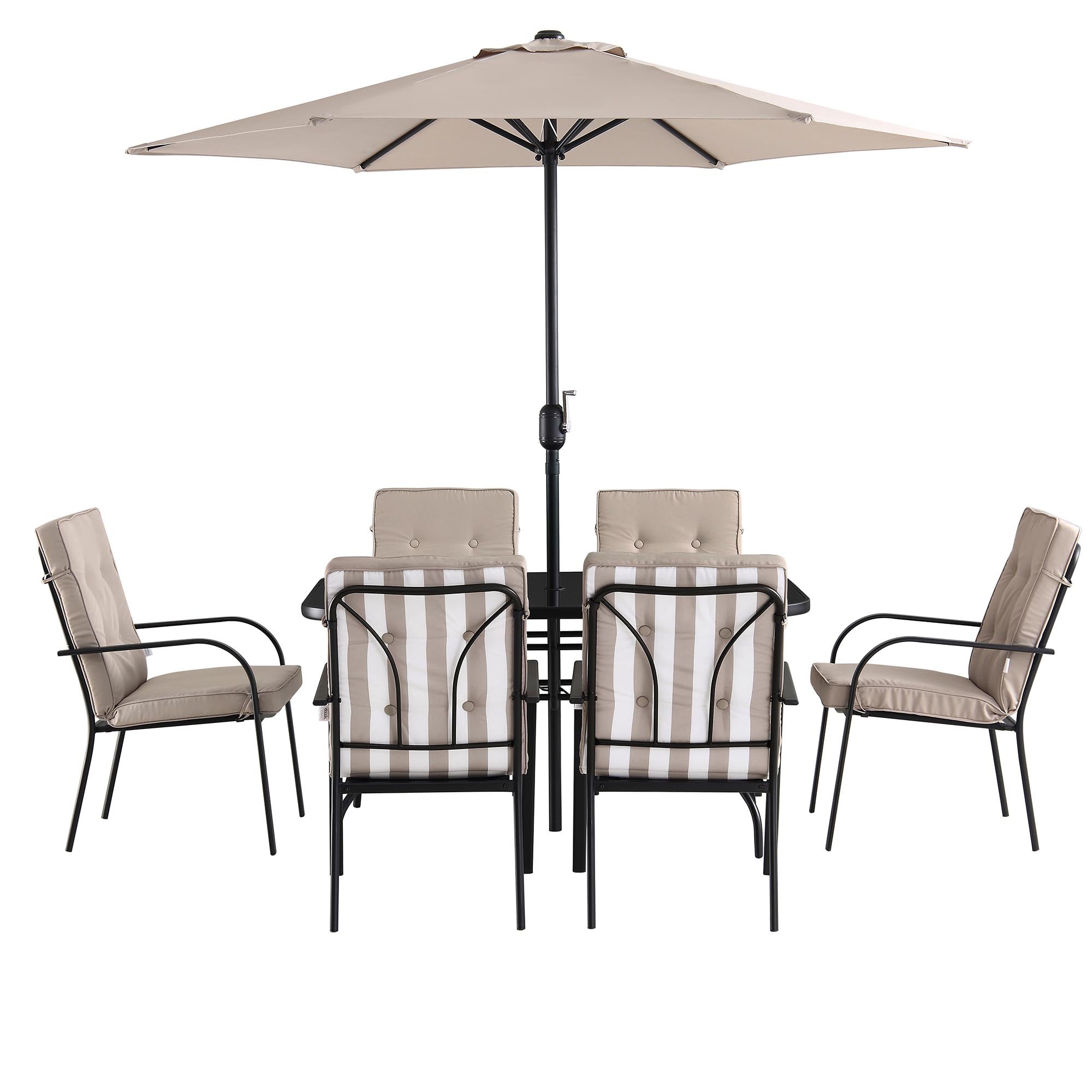 Champneys 6-Seater Steel and Fabric Outdoor Patio Dining Set with Crank Parasol, Taupe