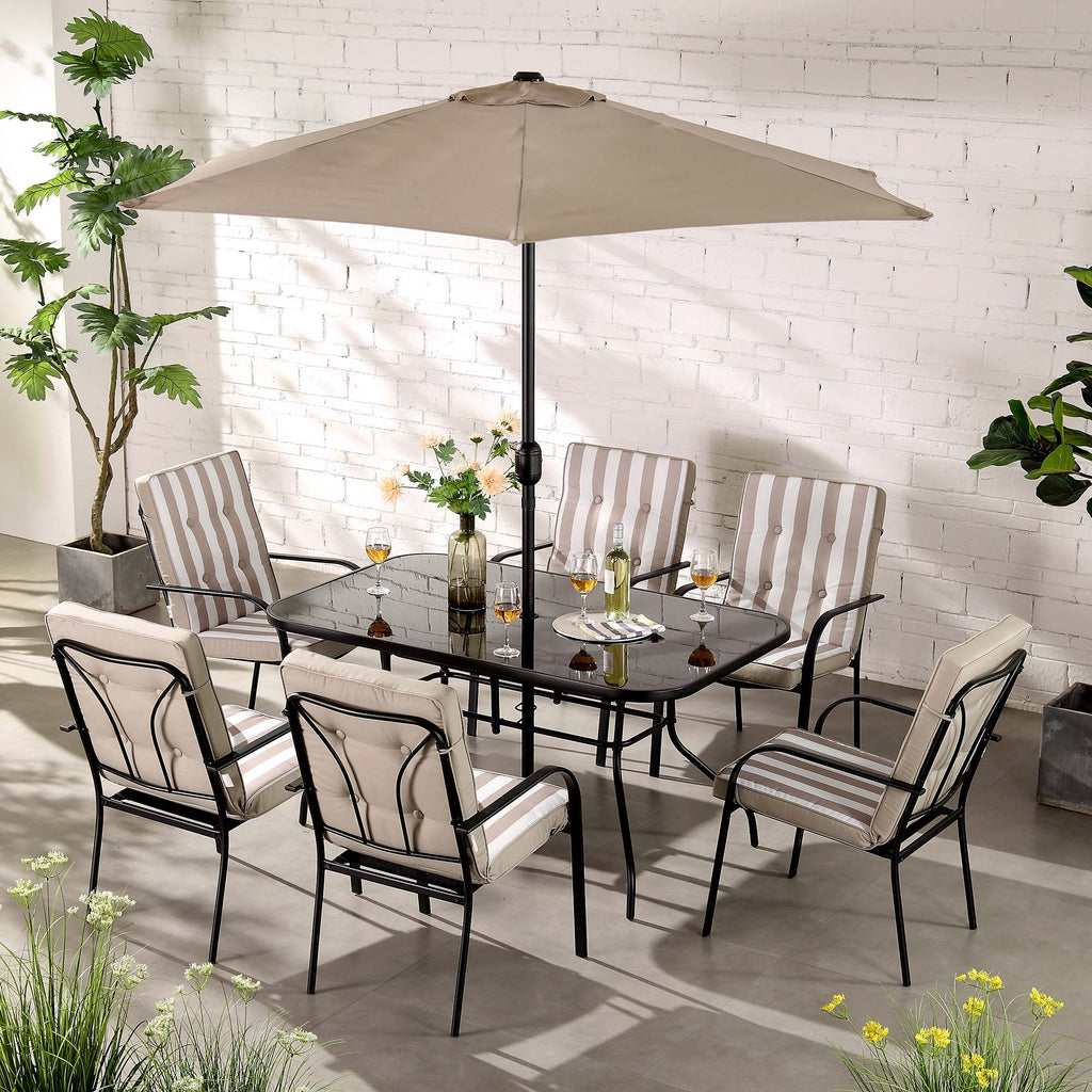 Champneys 6-Seater Steel and Fabric Outdoor Patio Dining Set with Crank Parasol, Taupe
