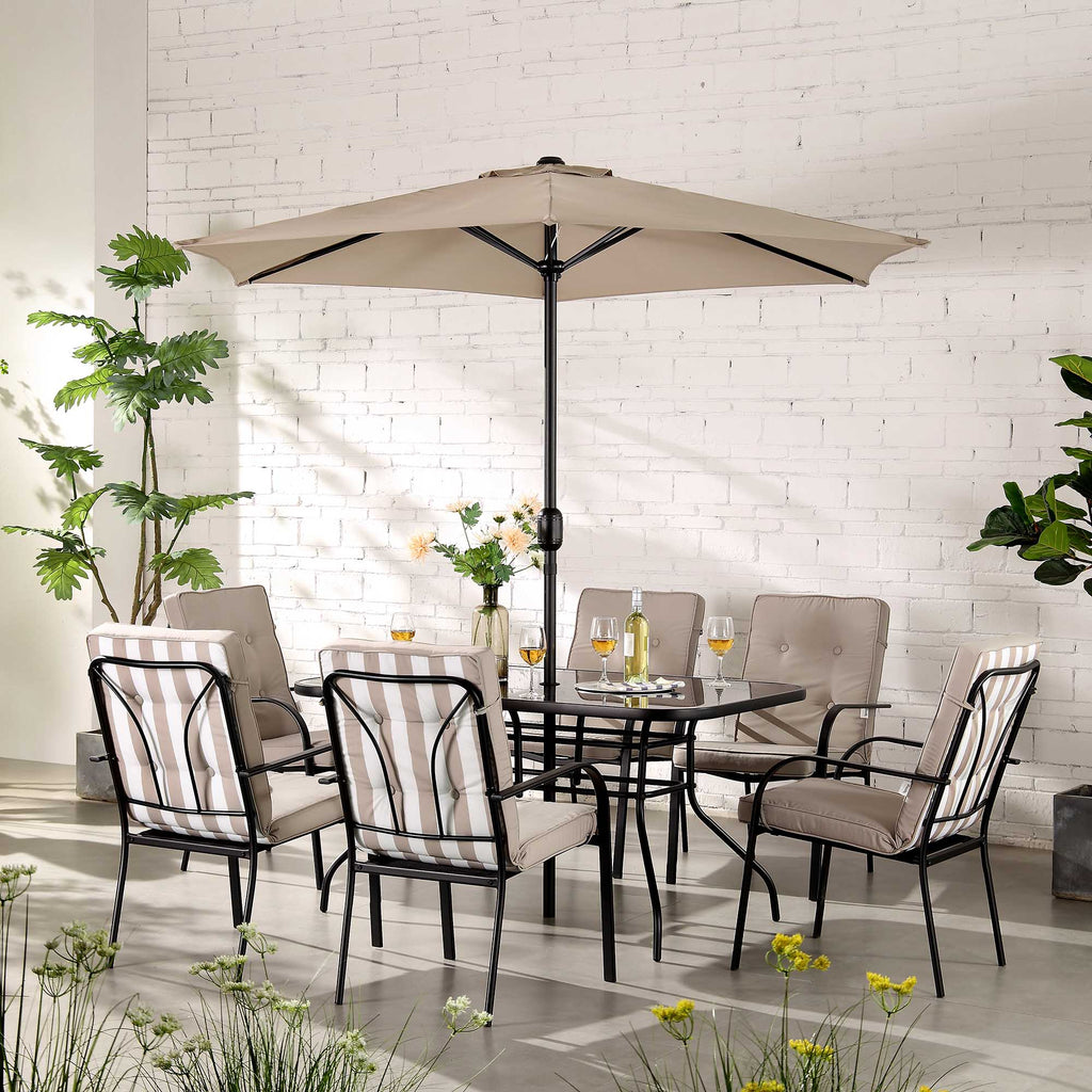 Champneys 6-Seater Steel and Fabric Outdoor Patio Dining Set with Crank Parasol, Taupe