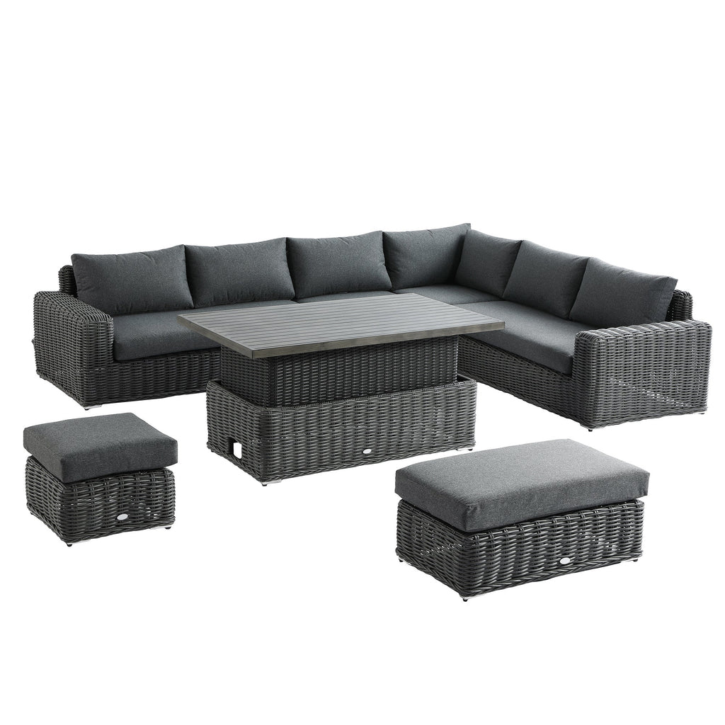 Bellagio Round Wicker Large Corner Casual Dining Set with Rising Table, Dark Grey