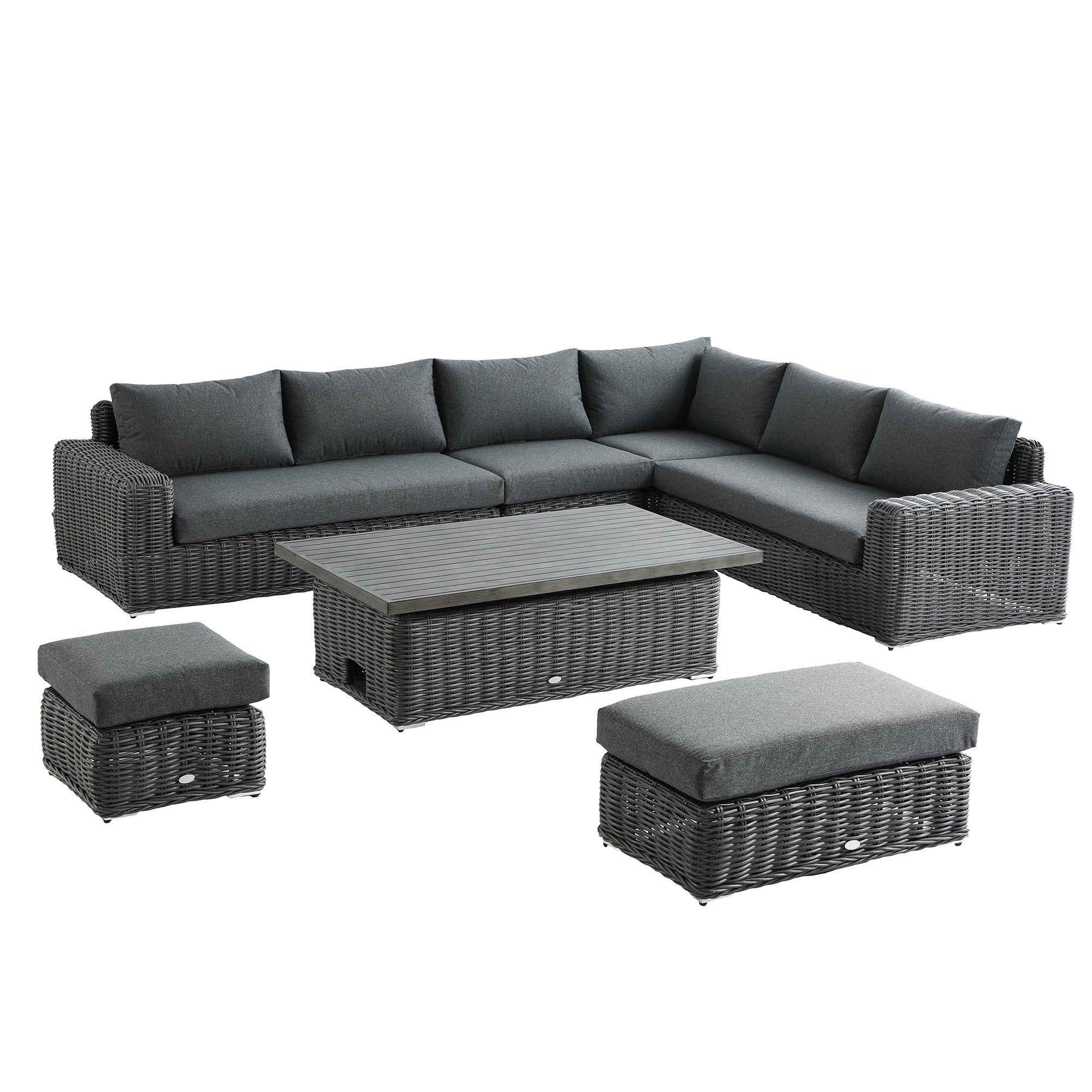 Bellagio Round Wicker Large Corner Casual Dining Set with Rising Table, Dark Grey