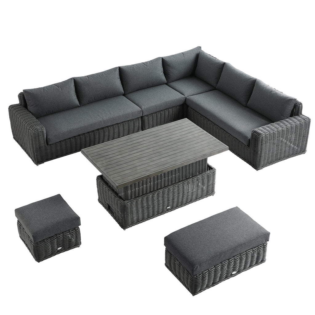 Bellagio Round Wicker Large Corner Casual Dining Set with Rising Table, Dark Grey