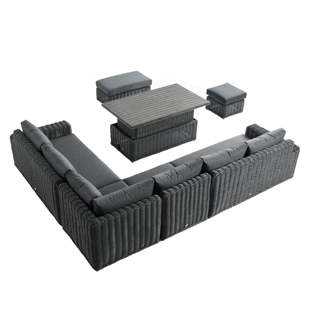 Bellagio Round Wicker Large Corner Casual Dining Set with Rising Table, Dark Grey