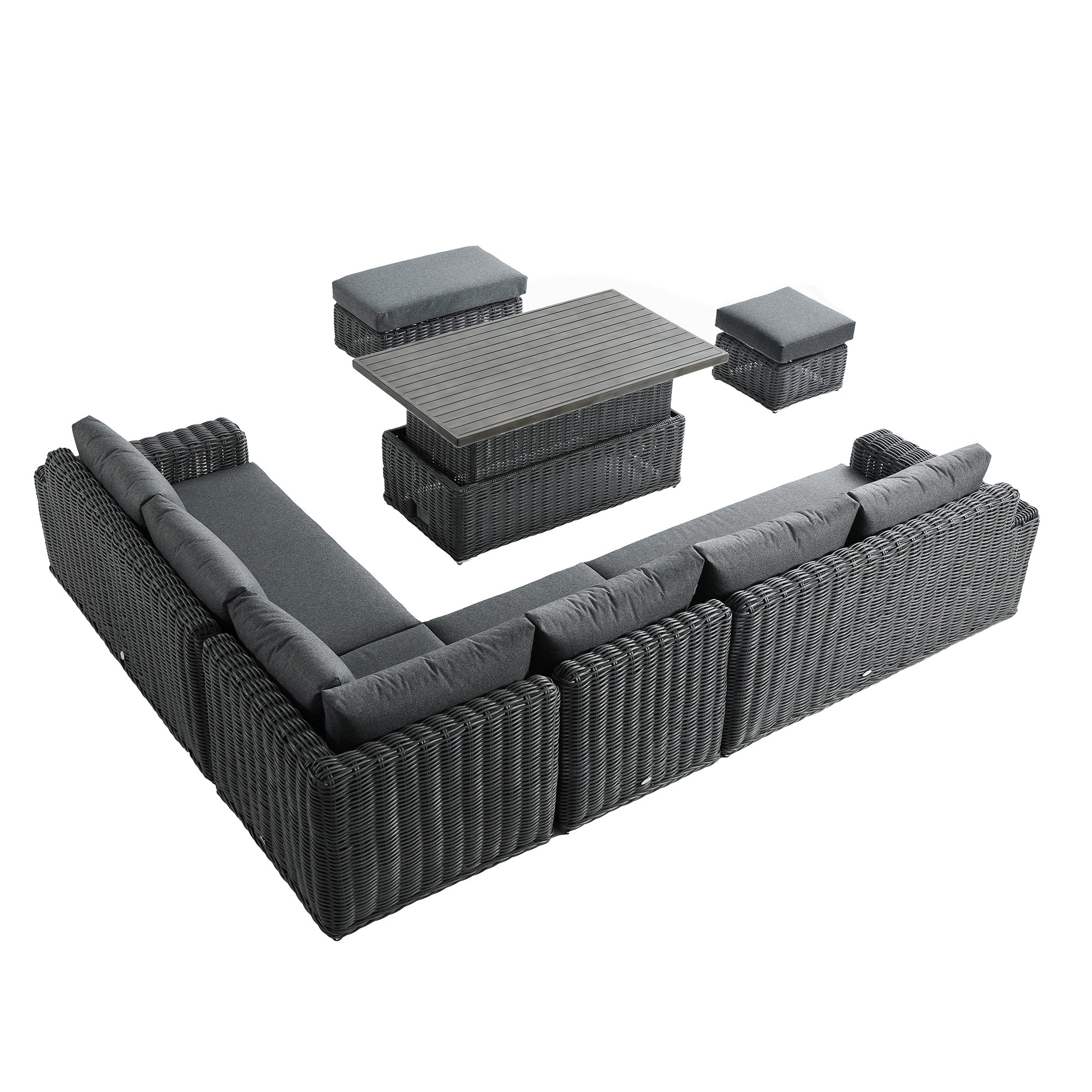 Bellagio Round Wicker Large Corner Casual Dining Set with Rising Table, Dark Grey