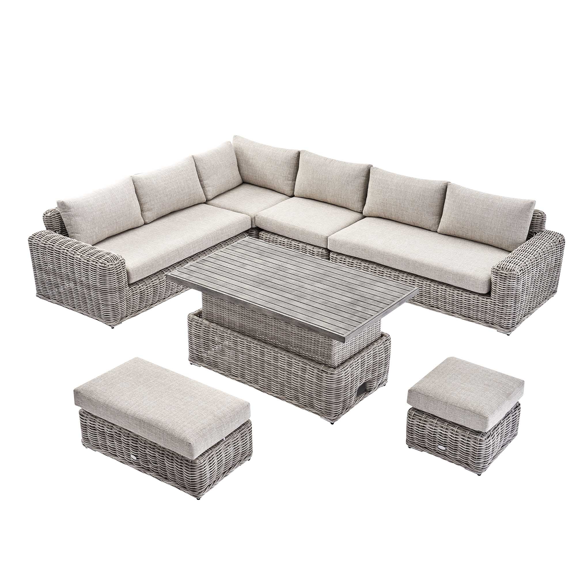 Bellagio Round Wicker Large Corner Casual Dining Set with Rising Table, Light Grey