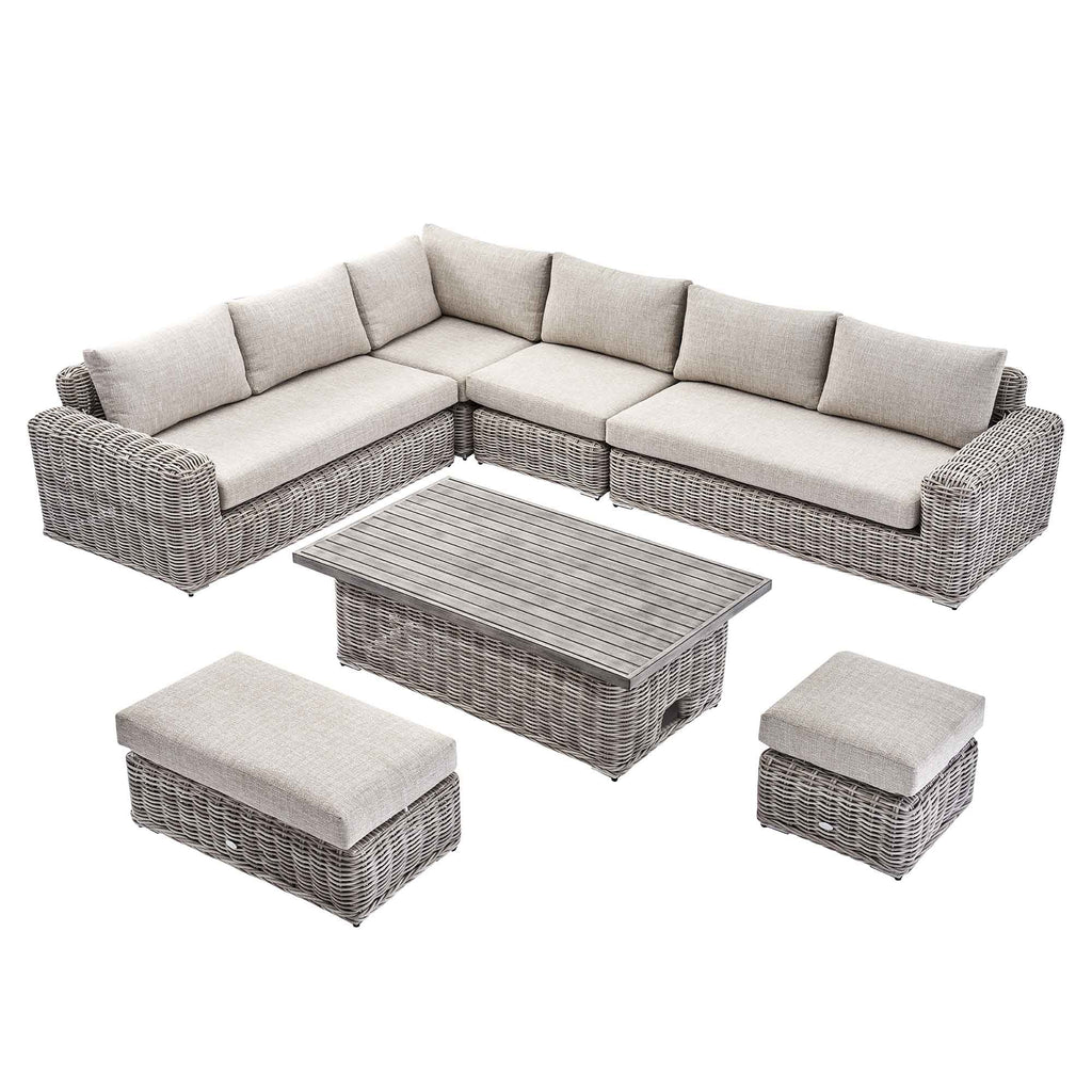 Bellagio Round Wicker Large Corner Casual Dining Set with Rising Table, Light Grey