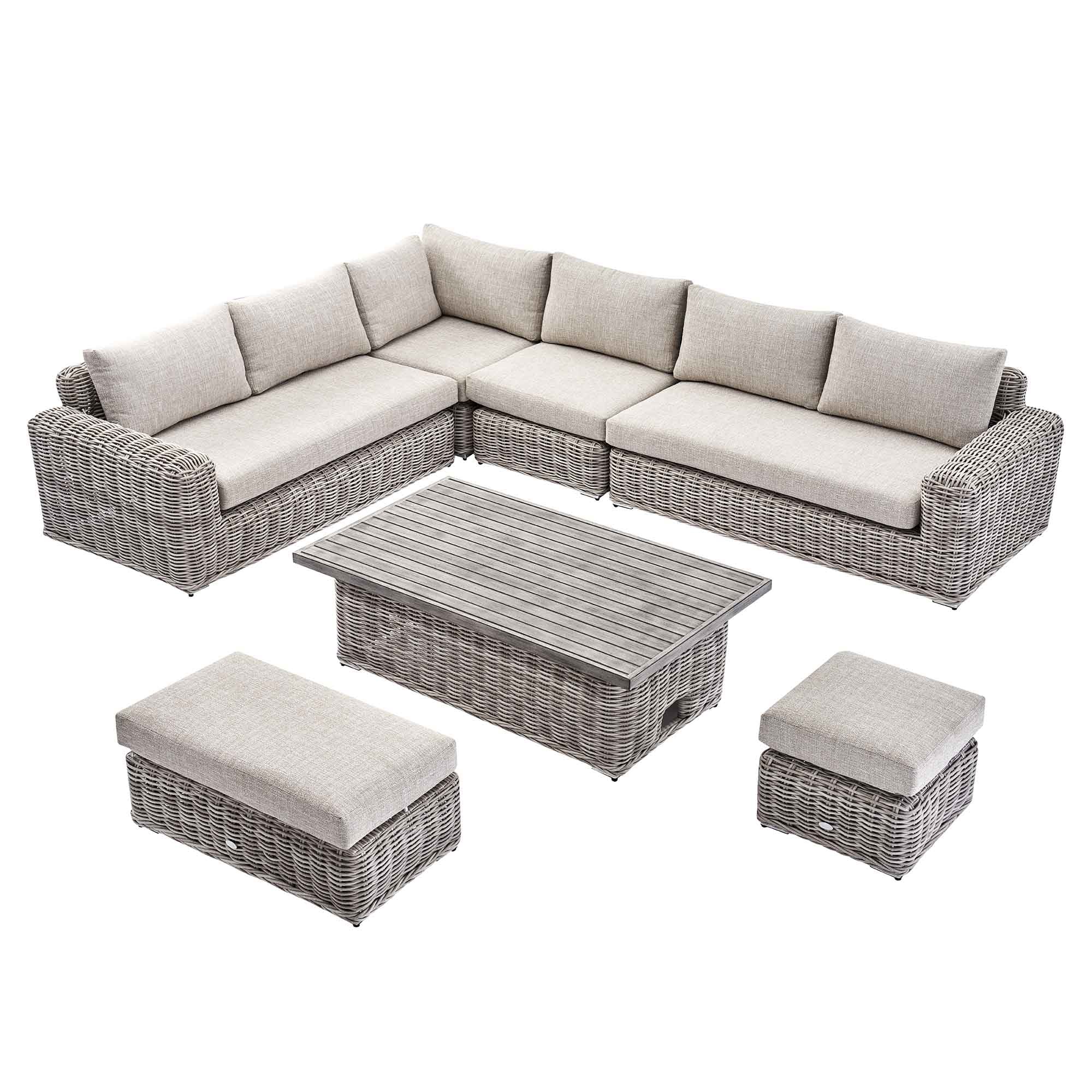 Bellagio Round Wicker Large Corner Casual Dining Set with Rising Table, Light Grey