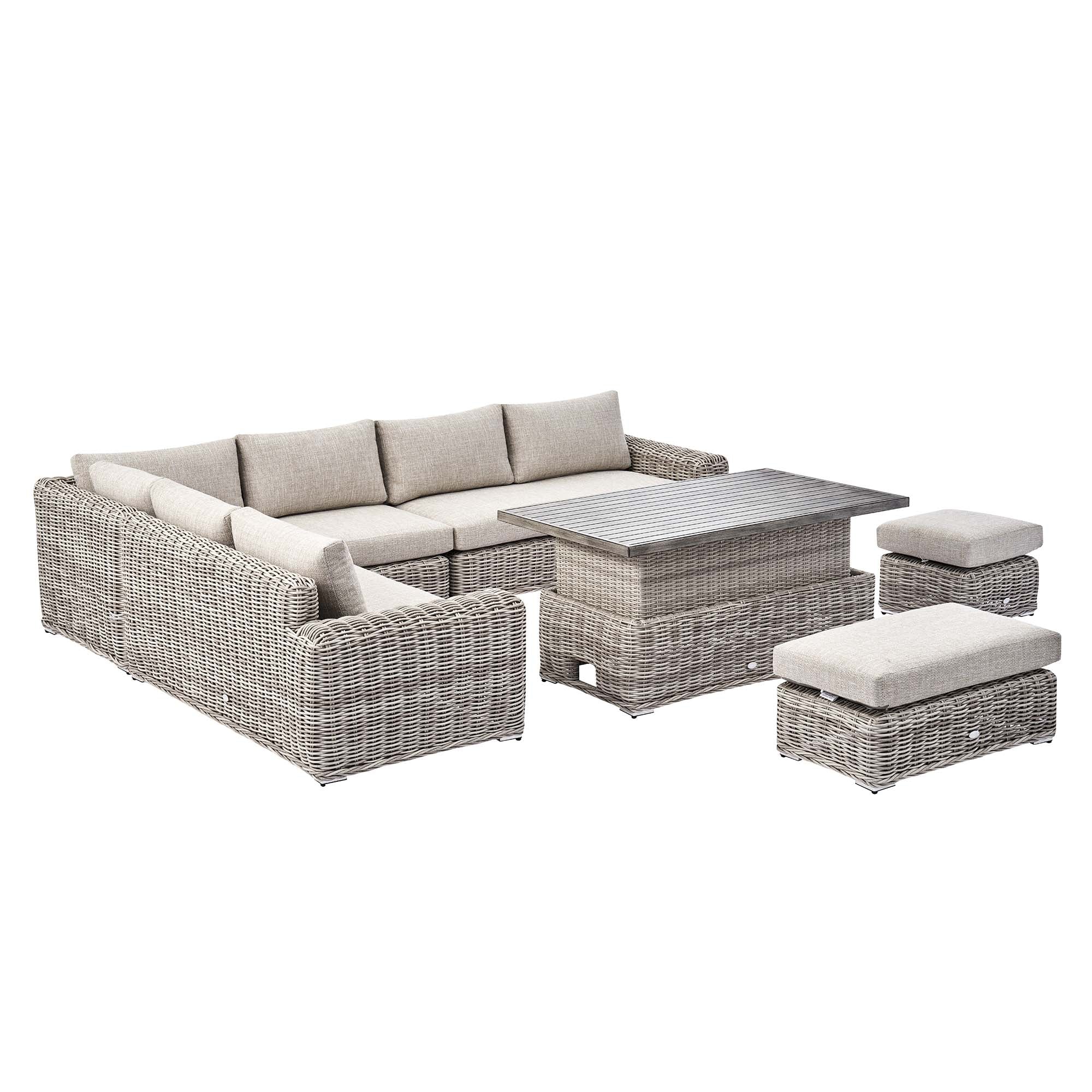 Bellagio Round Wicker Large Corner Casual Dining Set with Rising Table, Light Grey