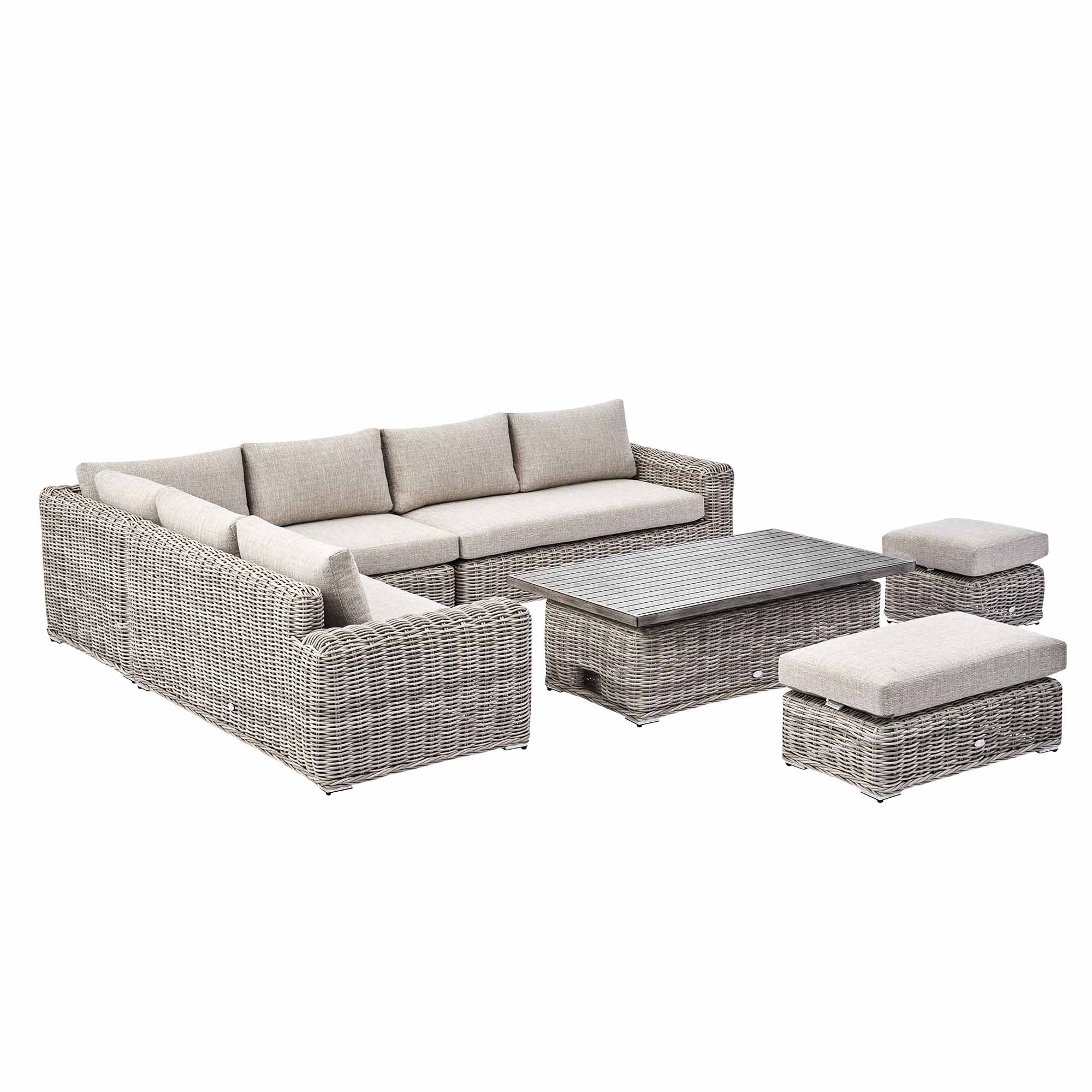 Bellagio Round Wicker Large Corner Casual Dining Set with Rising Table, Light Grey