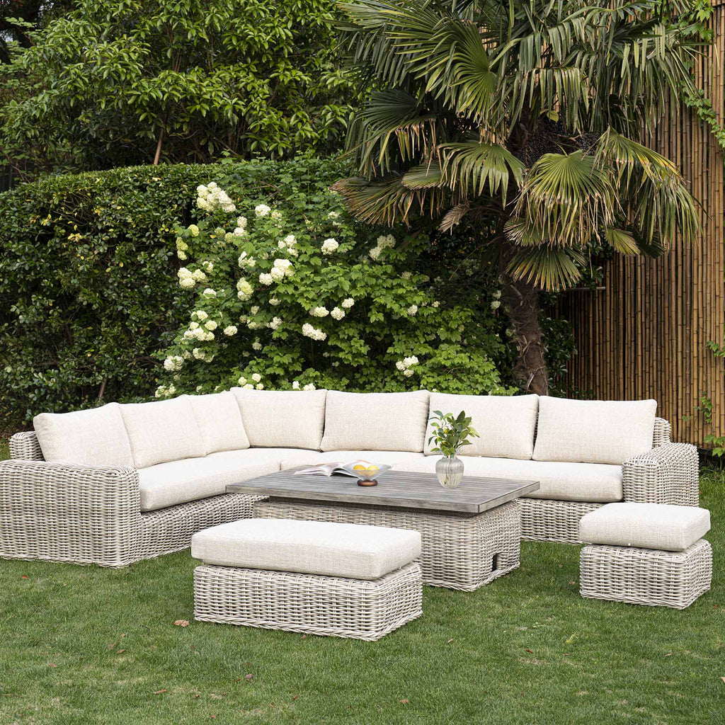 Bellagio Round Wicker Large Corner Casual Dining Set with Rising Table, Light Grey