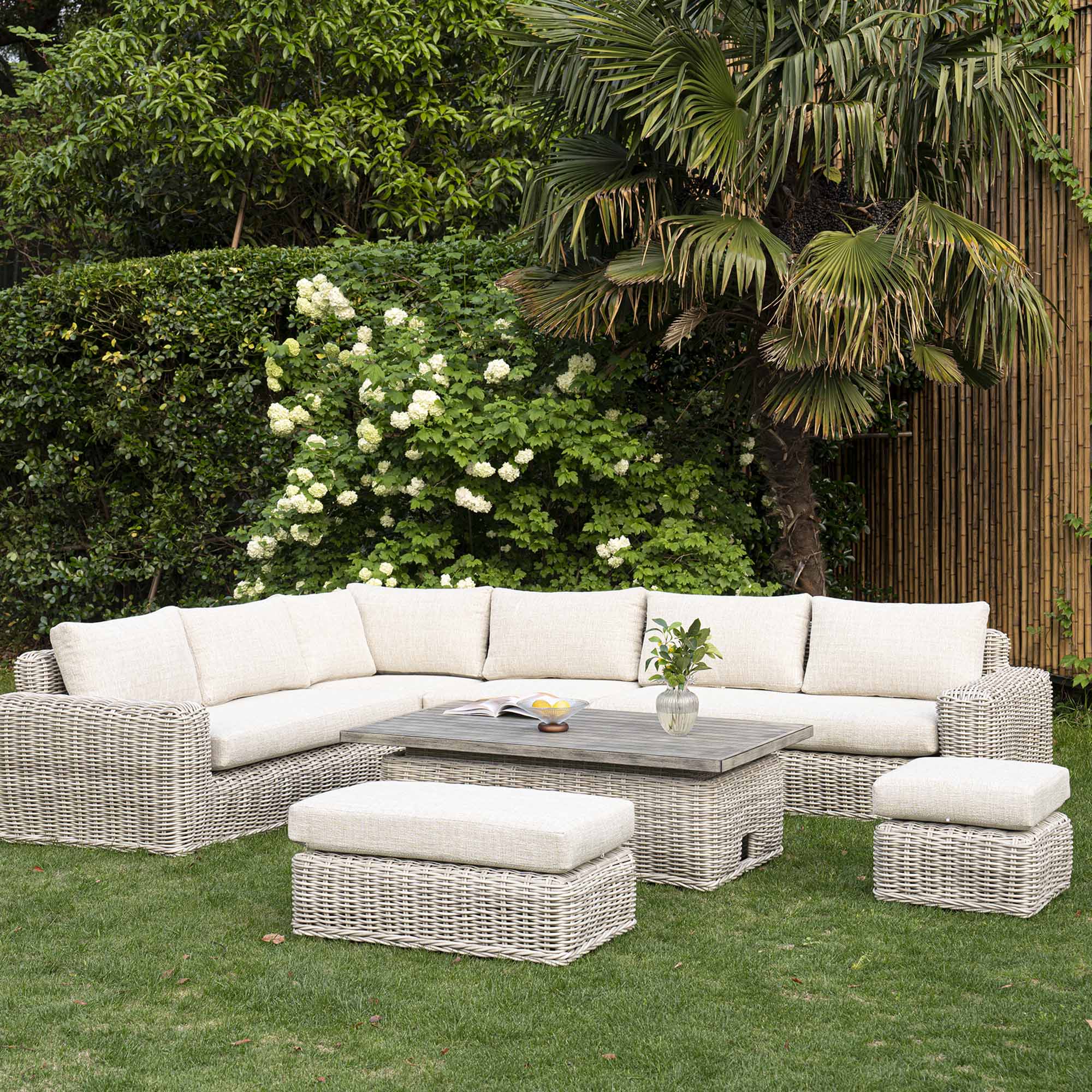 Bellagio Round Wicker Large Corner Casual Dining Set with Rising Table, Light Grey