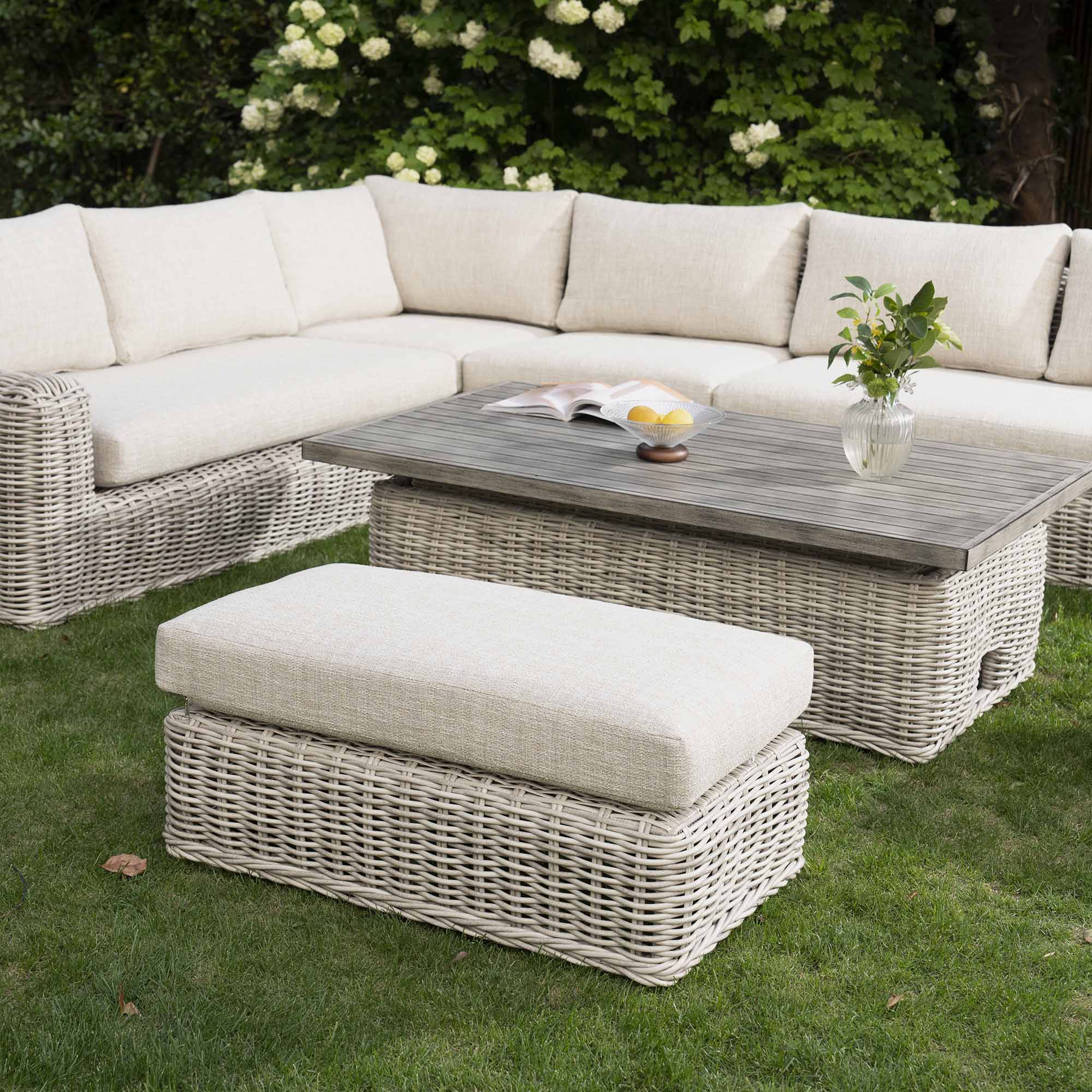 Bellagio Round Wicker Large Corner Casual Dining Set with Rising Table, Light Grey