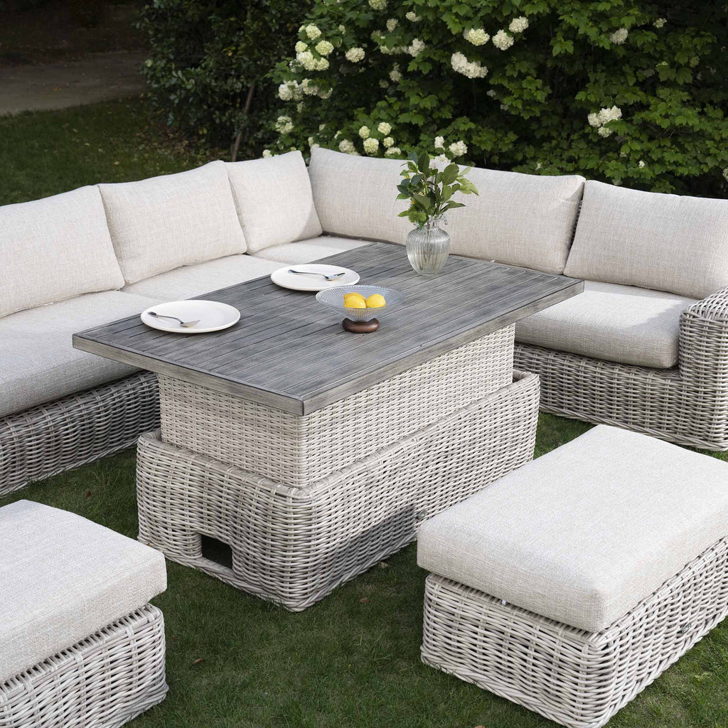 Bellagio Round Wicker Large Corner Casual Dining Set with Rising Table, Light Grey