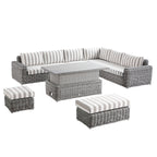 Bellagio Round Wicker Large Corner Casual Dining Set with Rising Table, Light Grey with Taupe Stripes