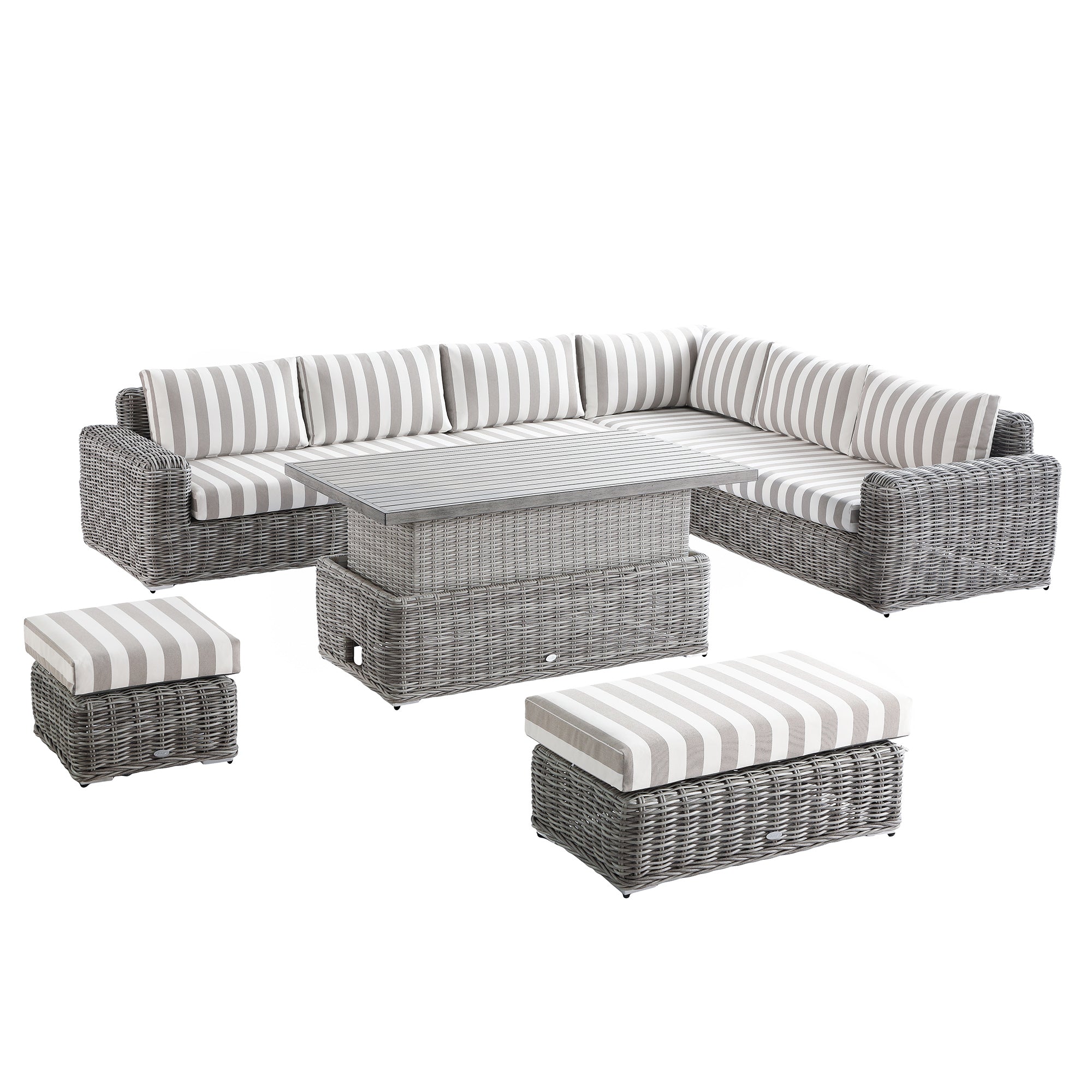 Bellagio Round Wicker Large Corner Casual Dining Set with Rising Table, Light Grey with Taupe Stripes