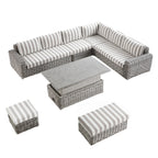 Bellagio Round Wicker Large Corner Casual Dining Set with Rising Table, Light Grey with Taupe Stripes