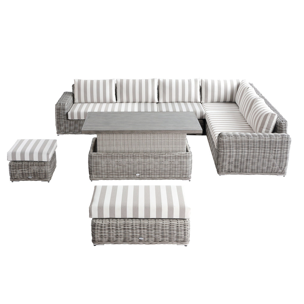 Bellagio Round Wicker Large Corner Casual Dining Set with Rising Table, Light Grey with Taupe Stripes