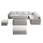 Bellagio Round Wicker Large Corner Casual Dining Set with Rising Table, Light Grey with Taupe Stripes